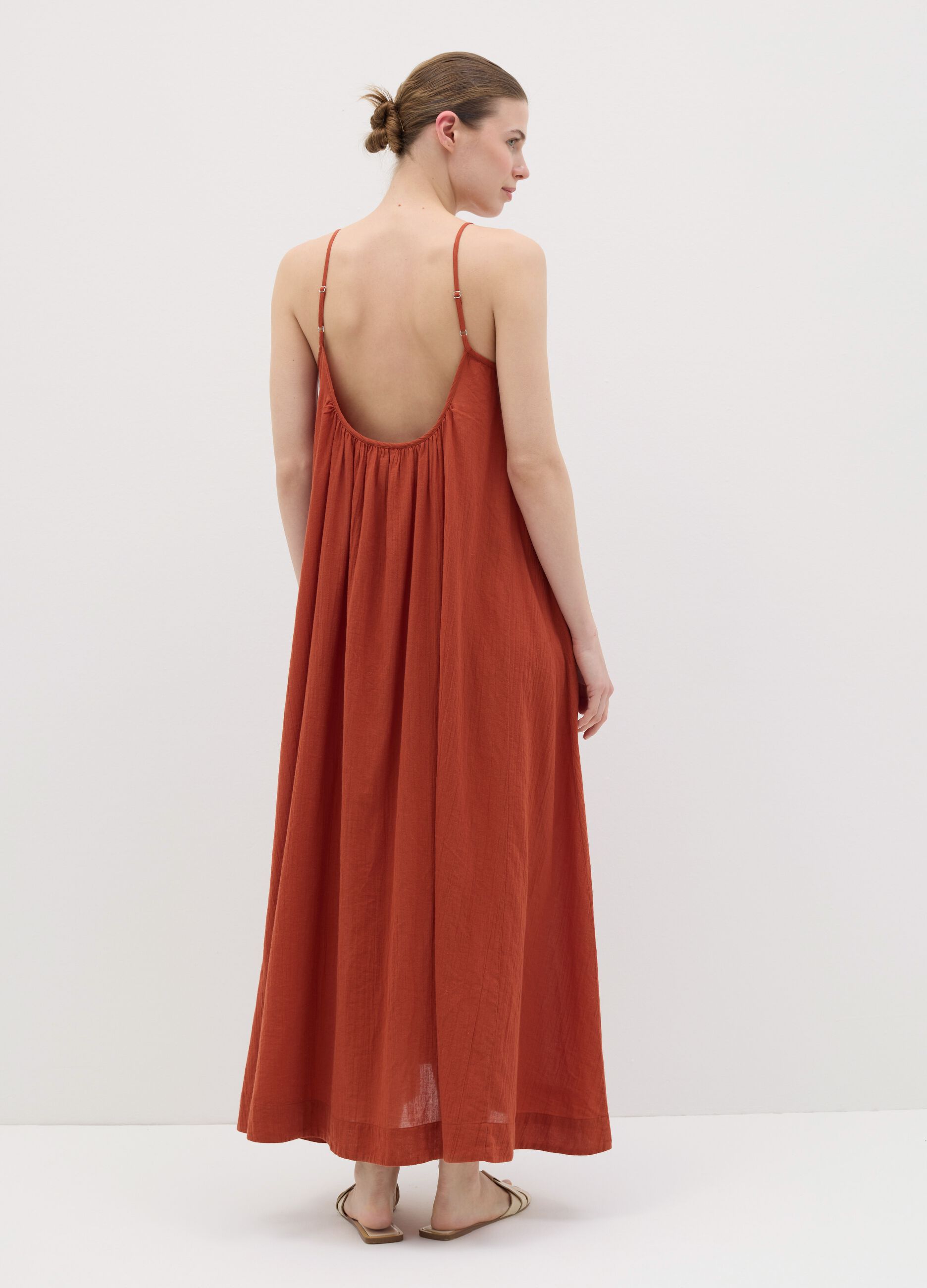 Women's orange full-length sleeveless dress in 100% cotton