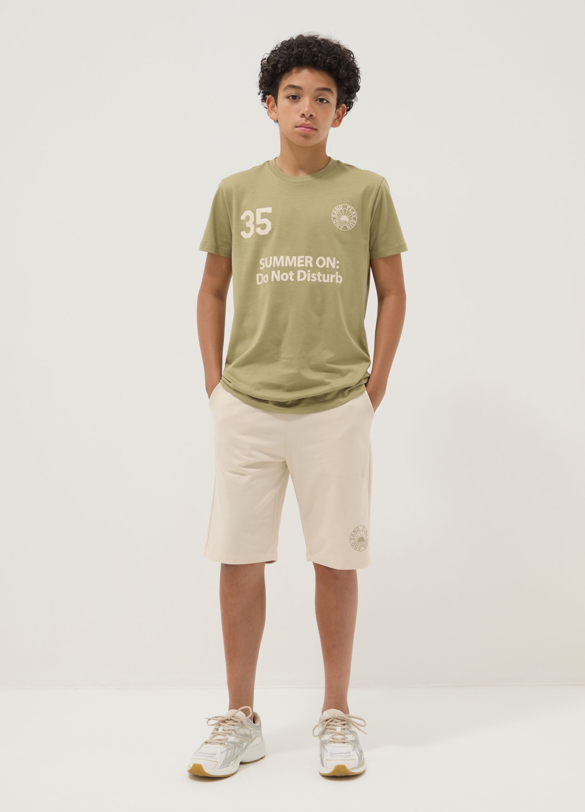 Green pure cotton set with T-shirt and shorts