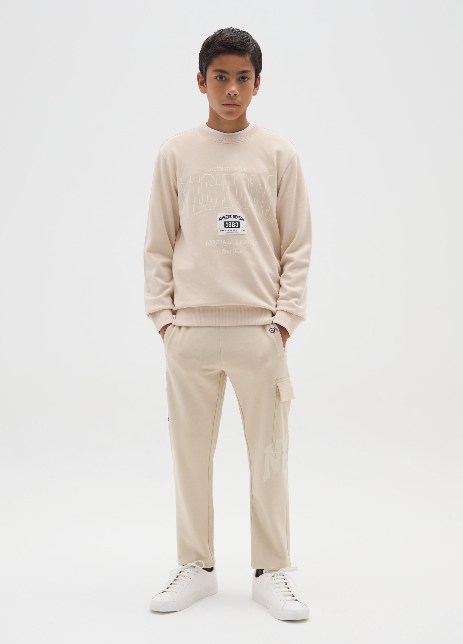 Boy's beige regular fit pure cotton joggers
