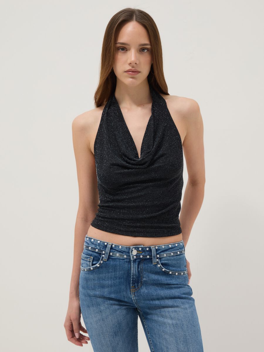 Black stretch top with draped neckline_1