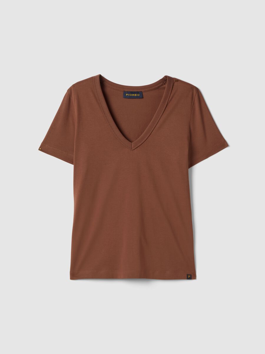 Short-sleeve brown pure cotton T-shirt, regular fit, deep V-neck_4