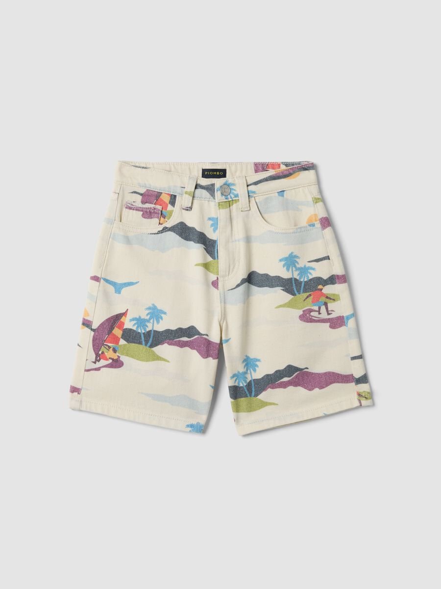 Beige pure cotton shorts with all-over print_0