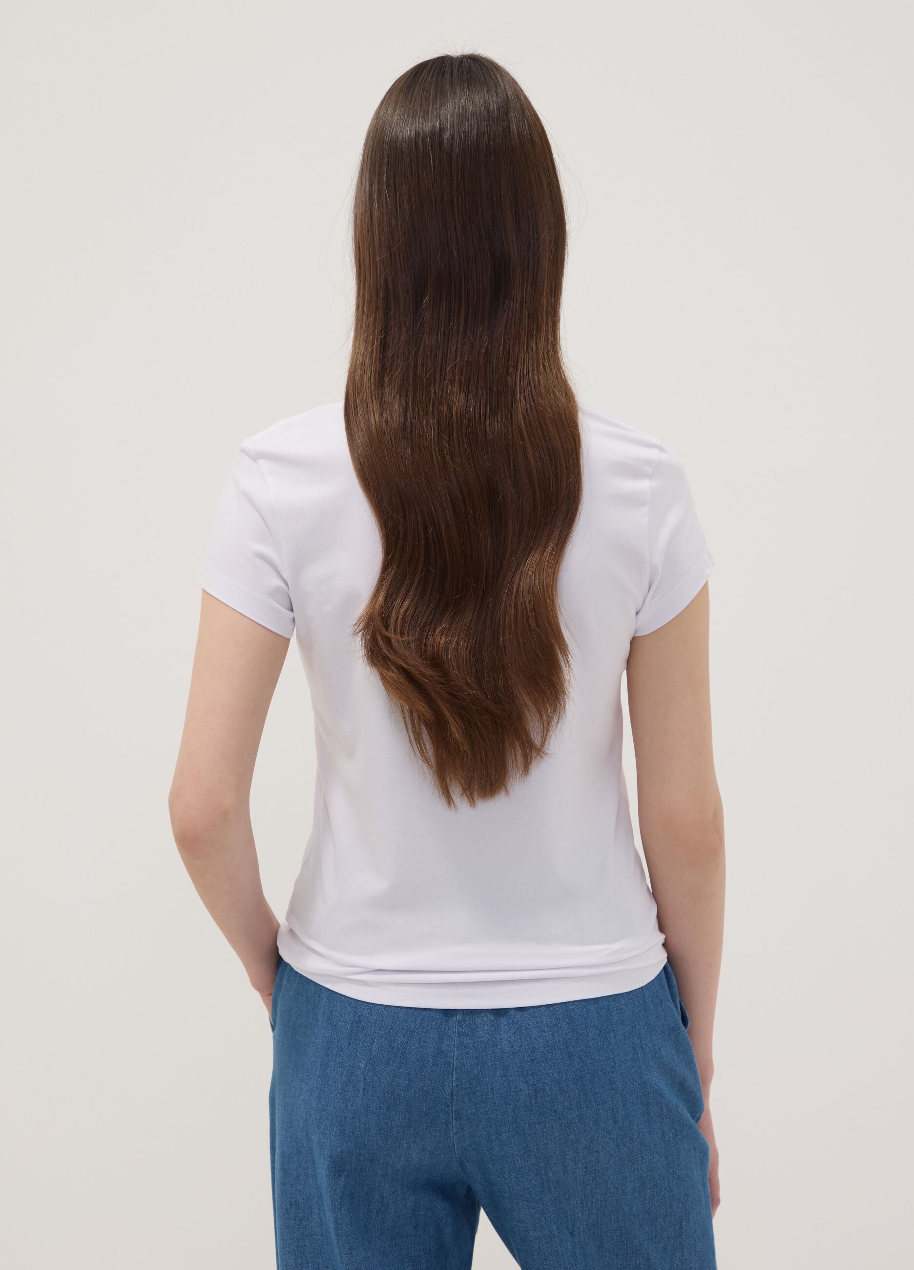 White stretch cotton crew-neck T-shirt, regular fit