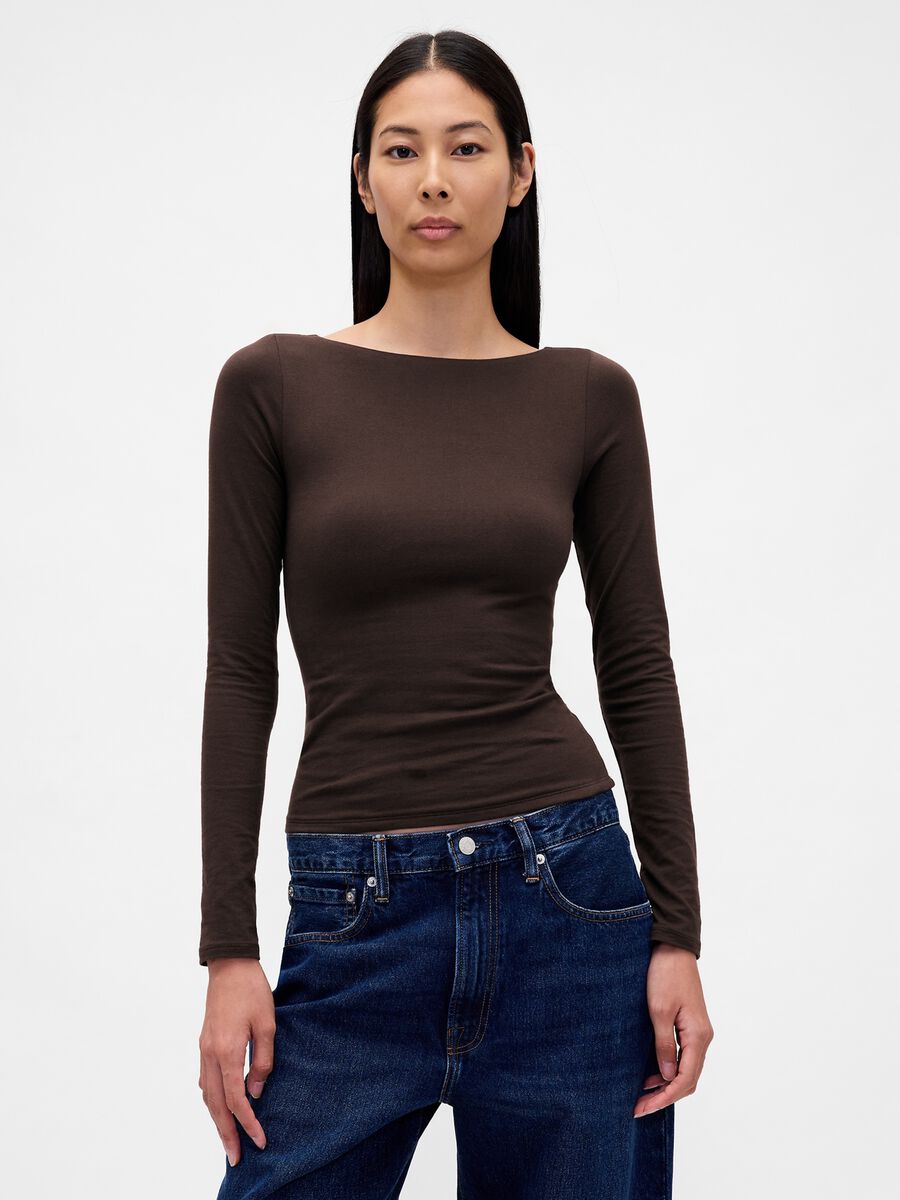 Brown Stretch Long Sleeve Top_0