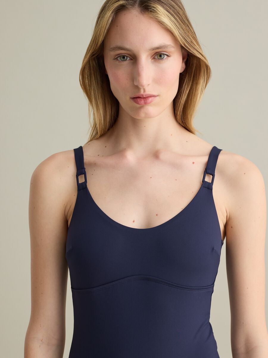 Women’s blue one-piece costume in stretch fabric with round neck_3