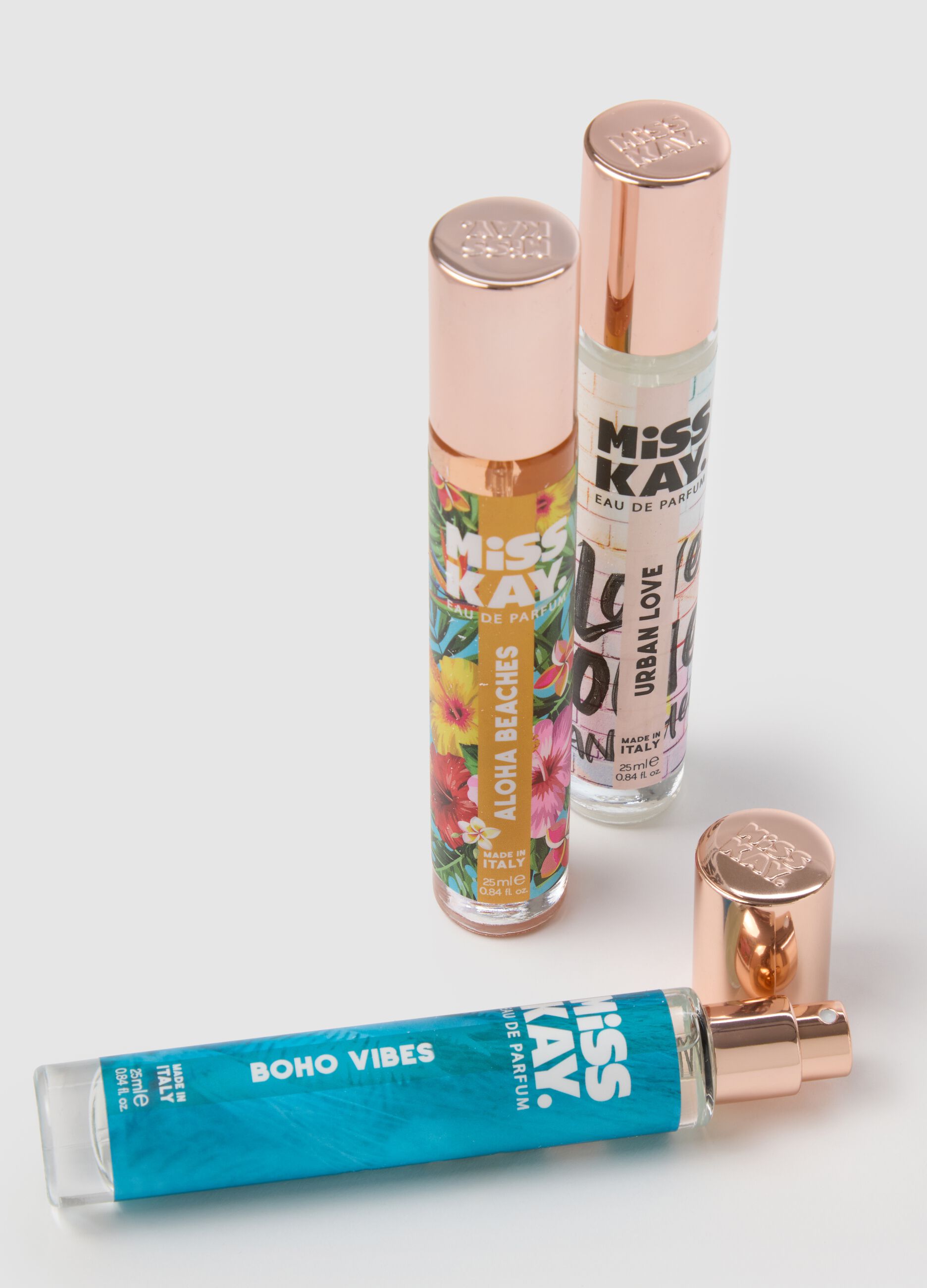 Trio profumi di Miss Kay, Urban Love, Aloha Beaches e Boho vibes