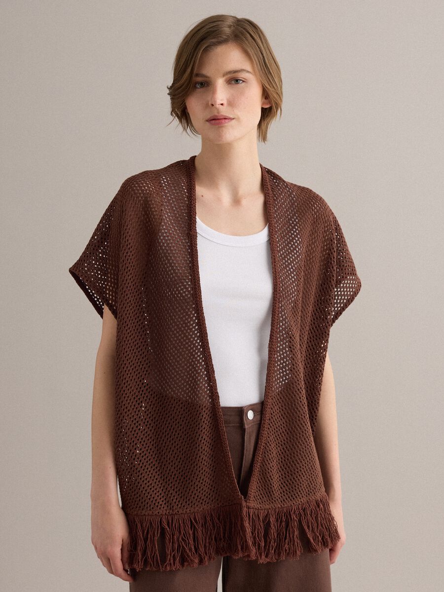Cardigan marrone in misto viscosa a rete con frange_0