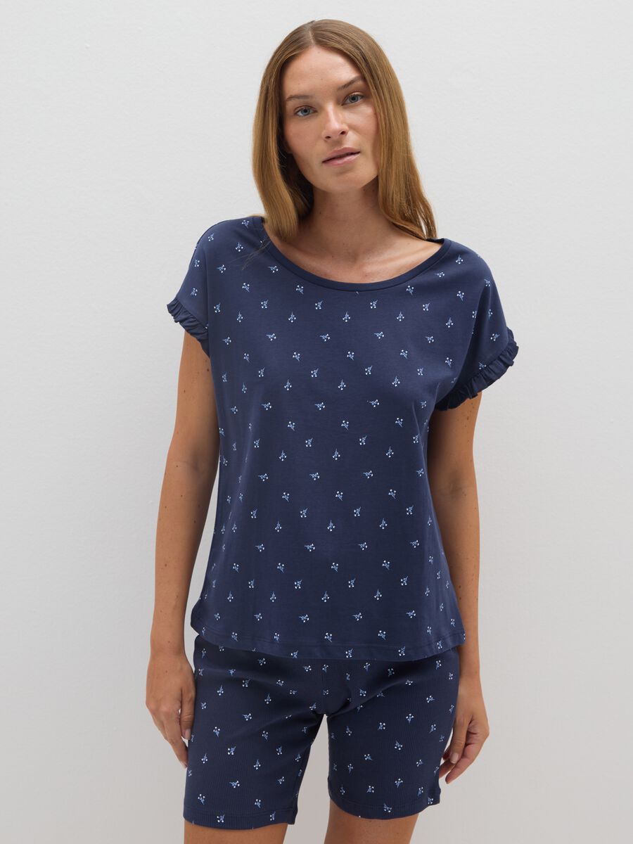 Maglietta pigiama blu in cotone con stampa floreale_1