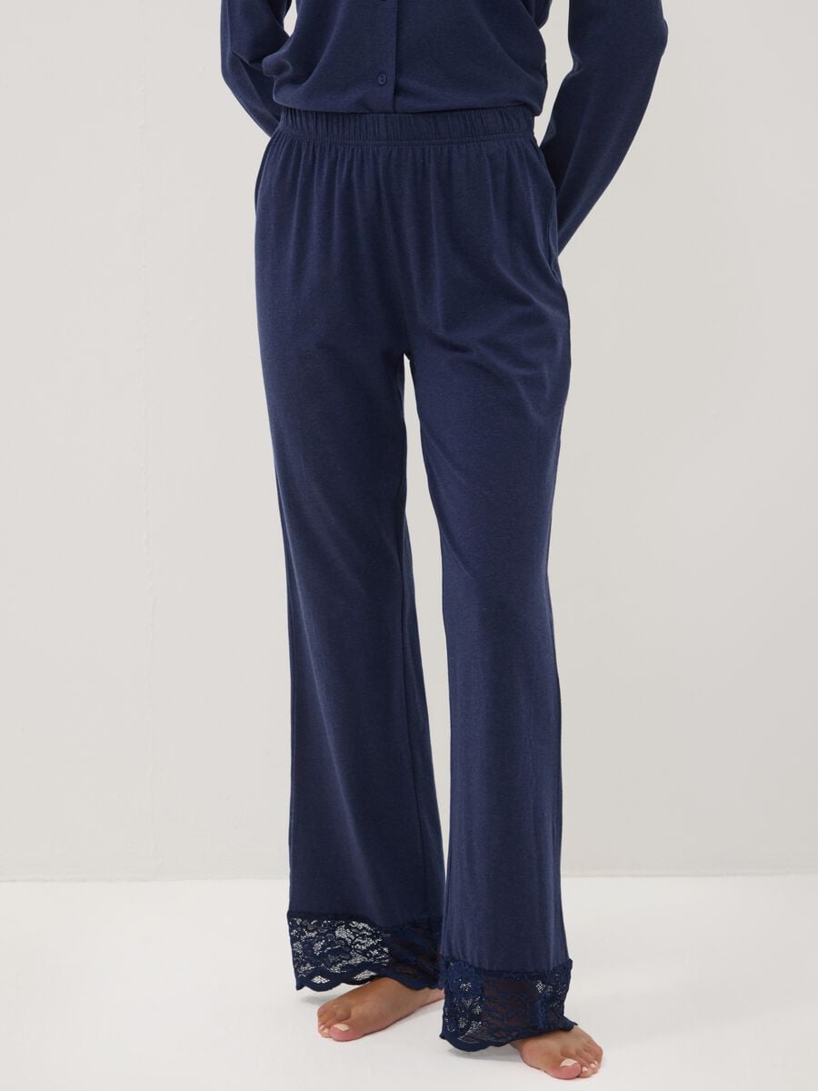 Pantaloni pigiama blu in cotone, lyocell e lana elasticizzata_1