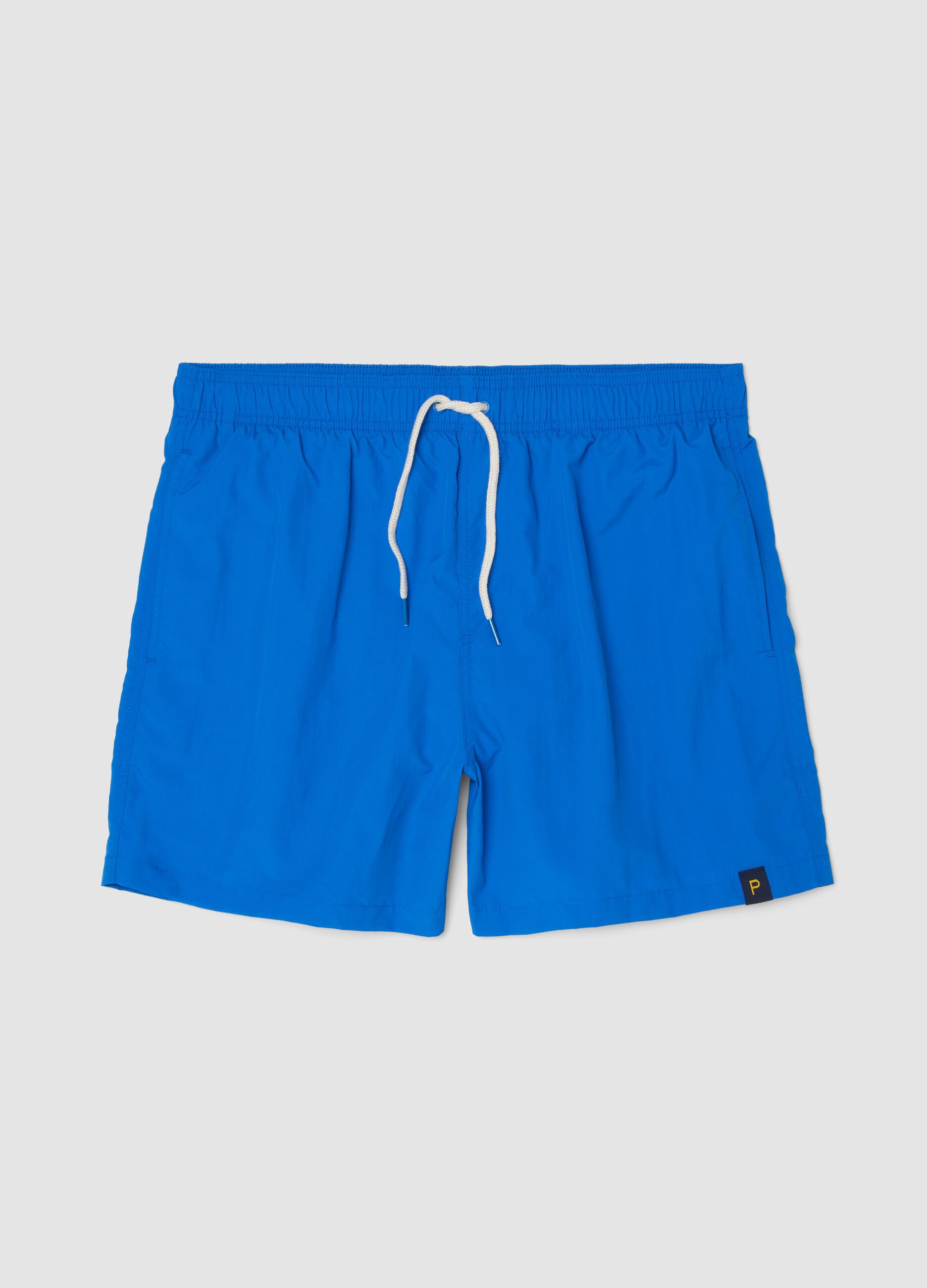 Blue swim shorts with elasticated waist and drawstring