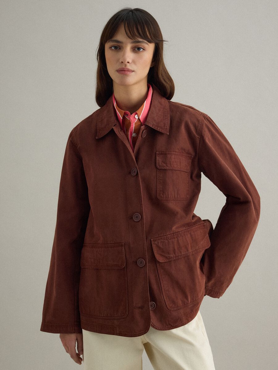 Brown pure cotton regular fit jacket with collar and buttons_1