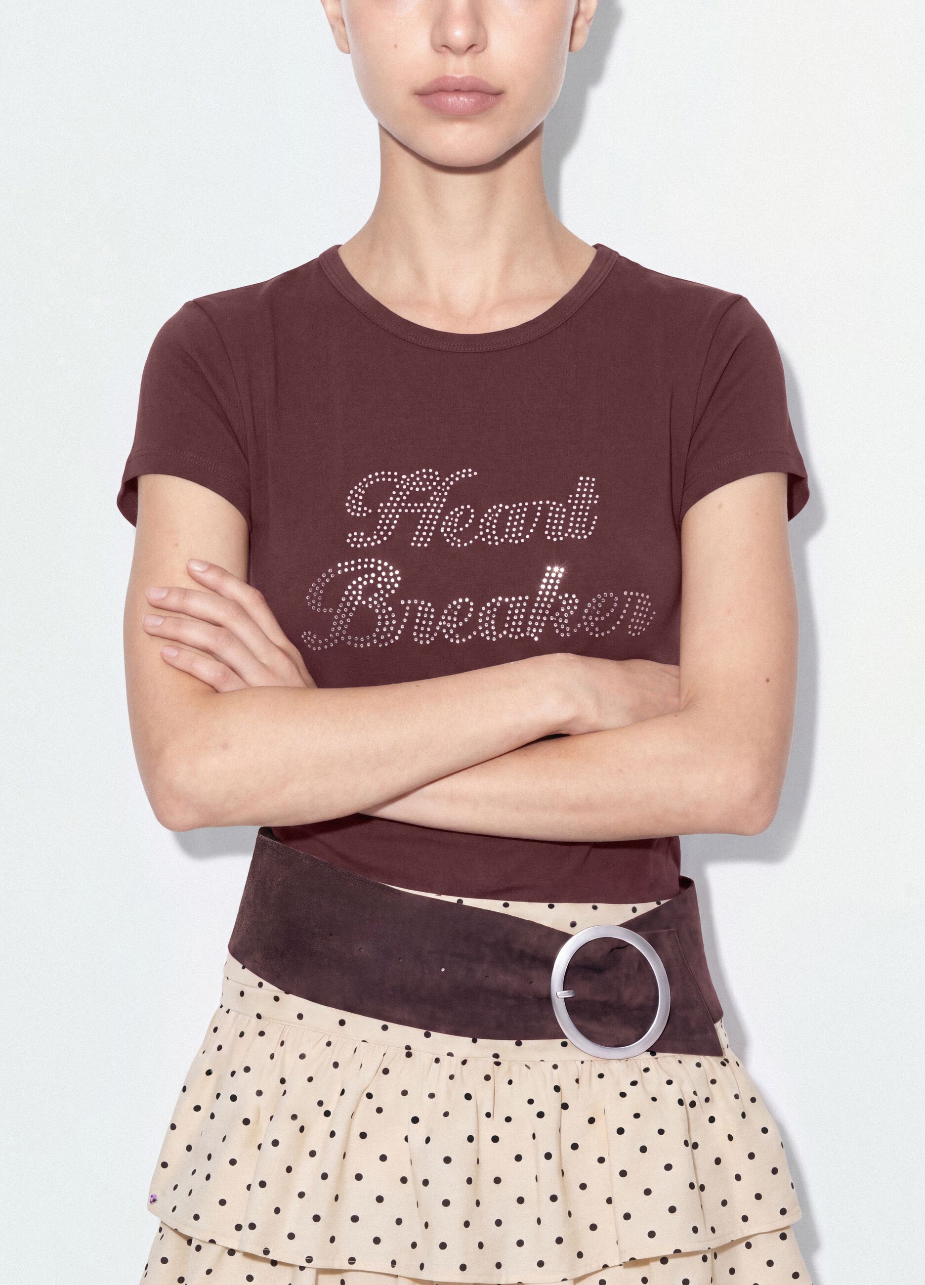 Brown fitted stretch-cotton T-shirt with rhinestone embellishments