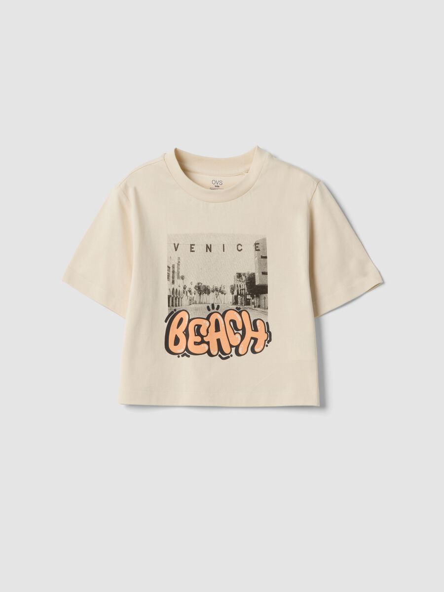 T-shirt beige a maniche corte in cotone organico_0