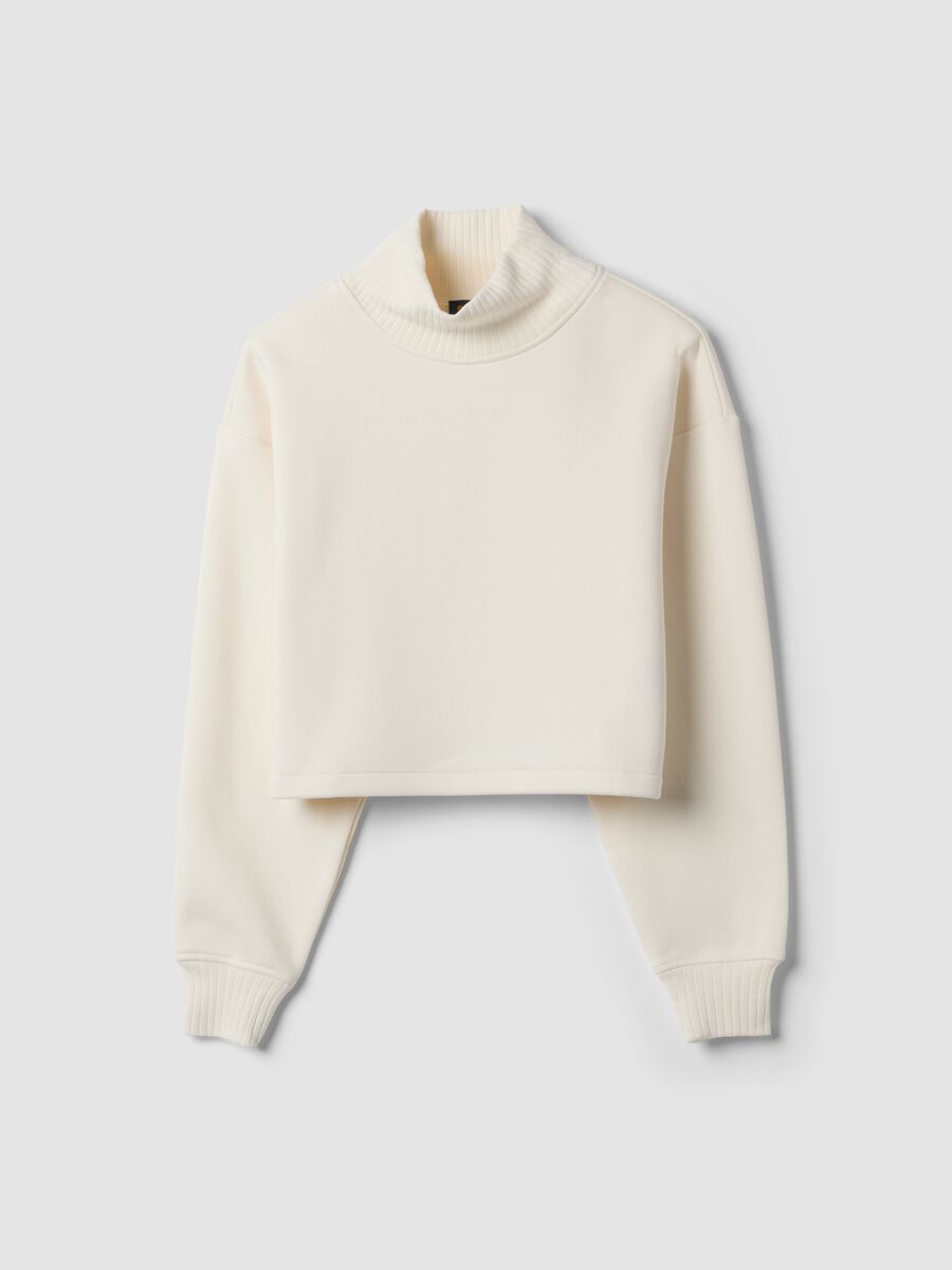 Felpa bianca cropped in misto cotone fleece con girocollo_0