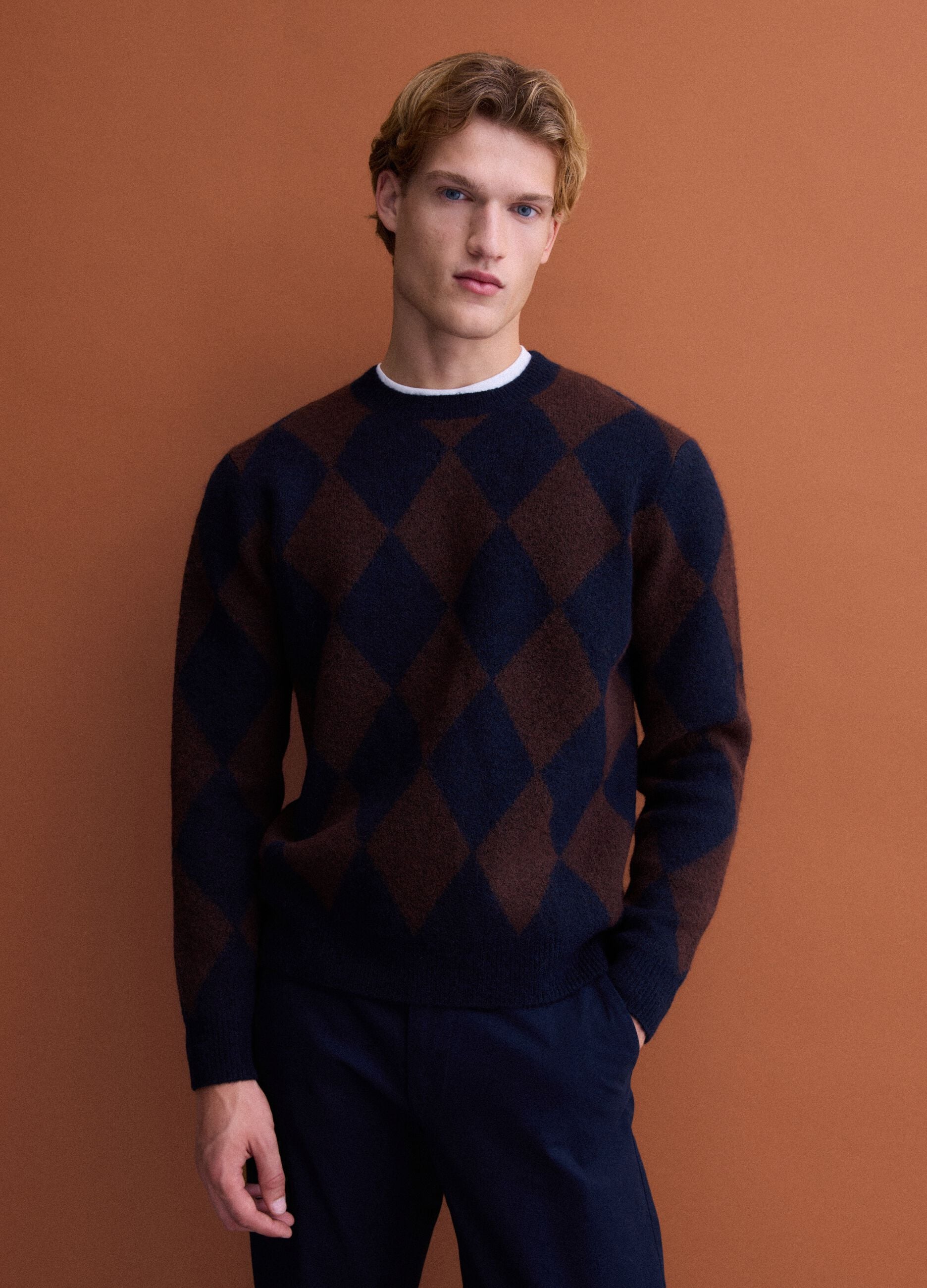 Blue and brown stretch wool jacquard jumper, regular fit