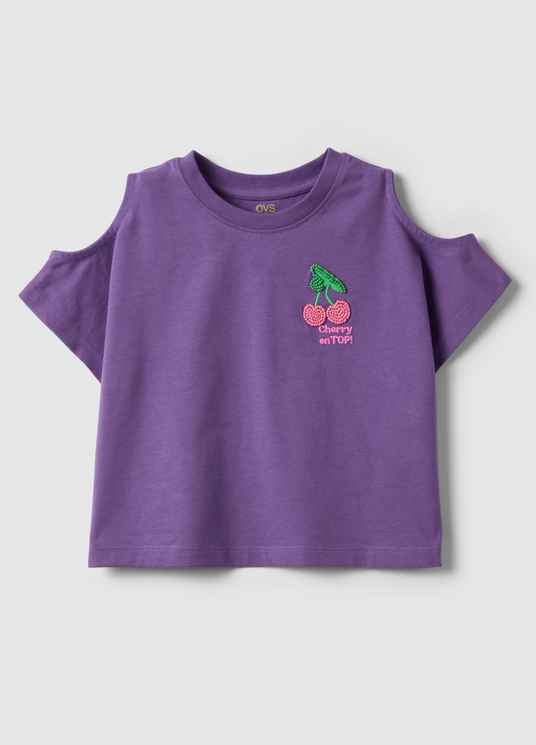 Purple pure cotton girls&rsquo; T-shirt with embroidery and cut-out sleeves