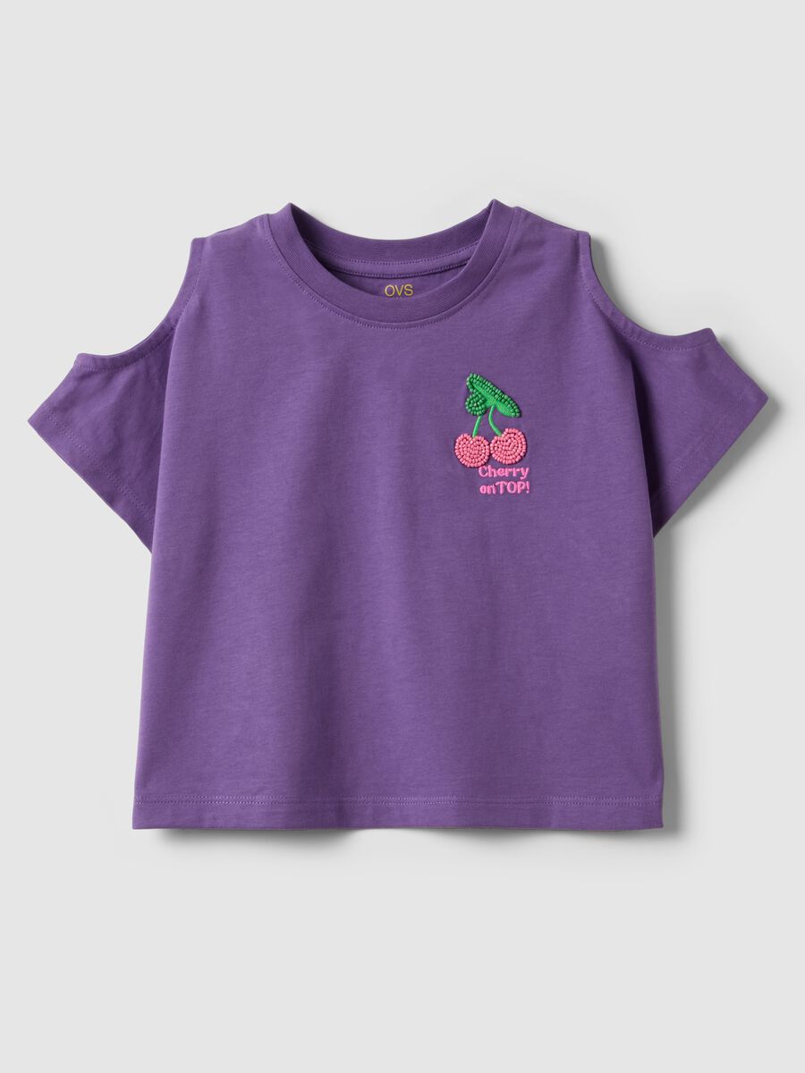 Purple pure cotton girls&rsquo; T-shirt with embroidery and cut-out sleeves_0