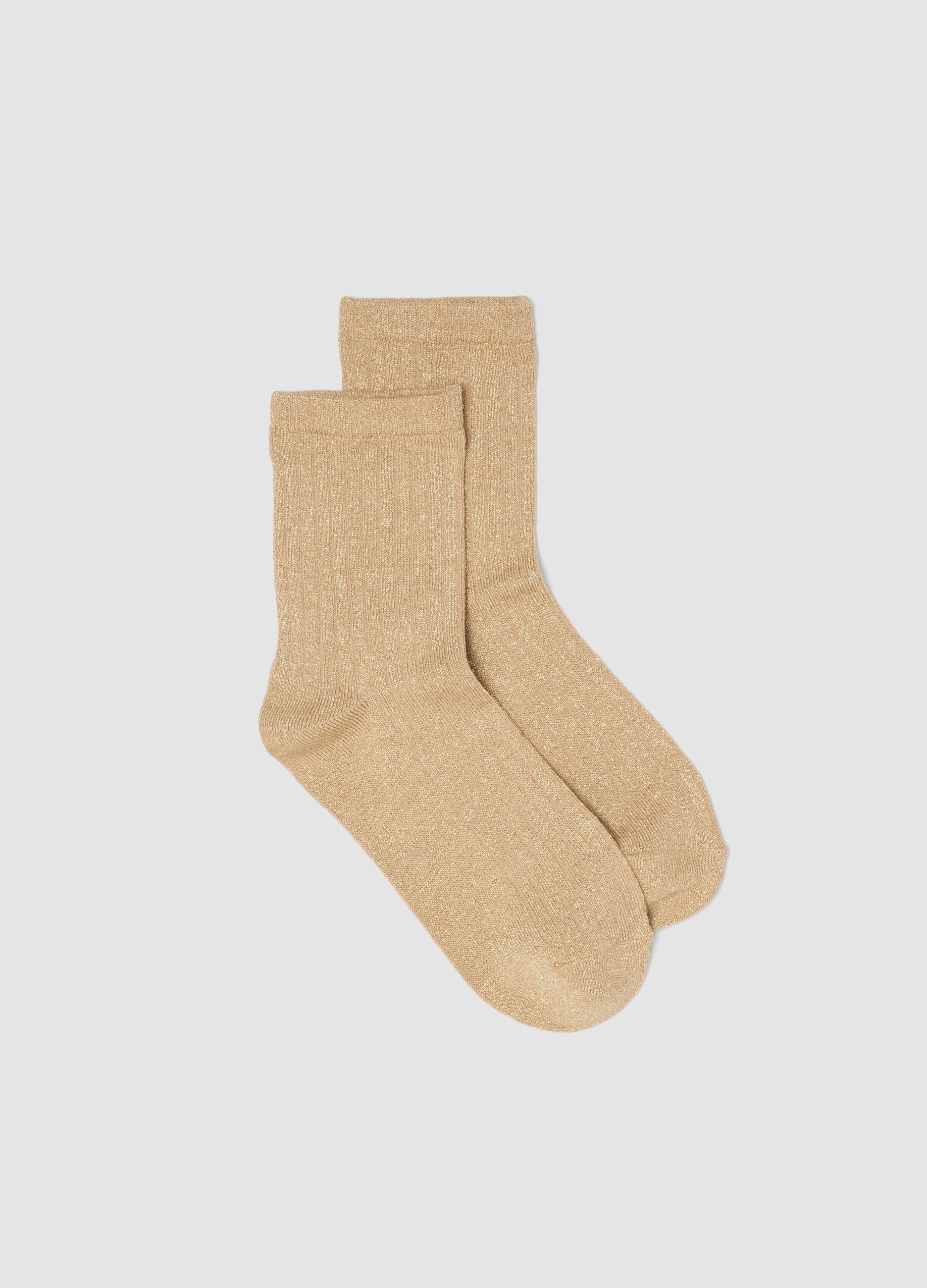 Beige stretch socks with Lurex threads