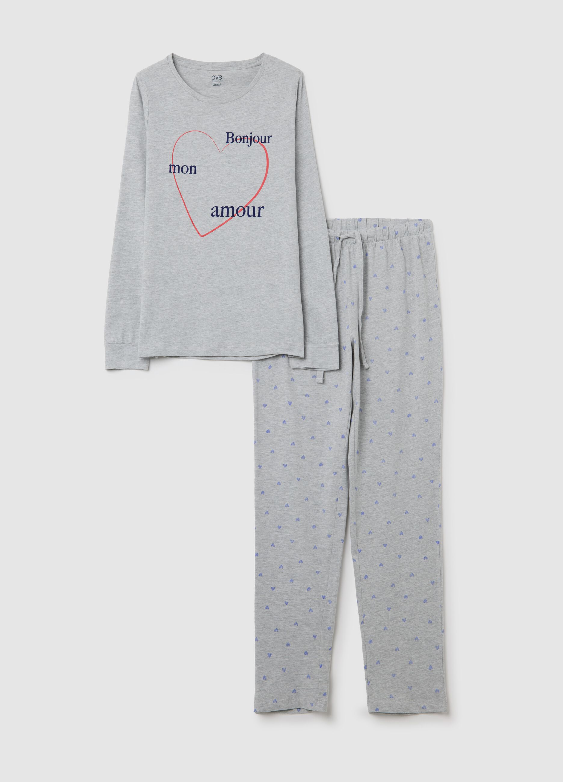 Grey 100% cotton pyjamas with "Bonjour Mon Amour" print