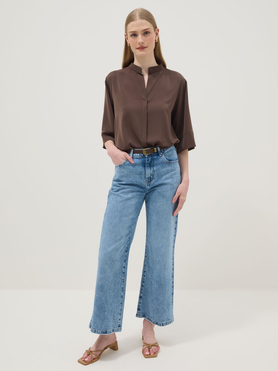 Camicia a maniche lunghe marrone regular fit con collo a fascia_2