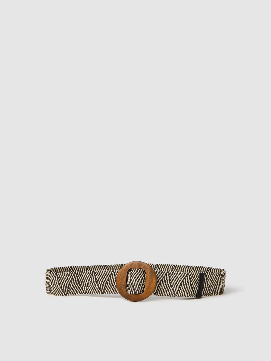 Black and white belt with wooden buckle_0