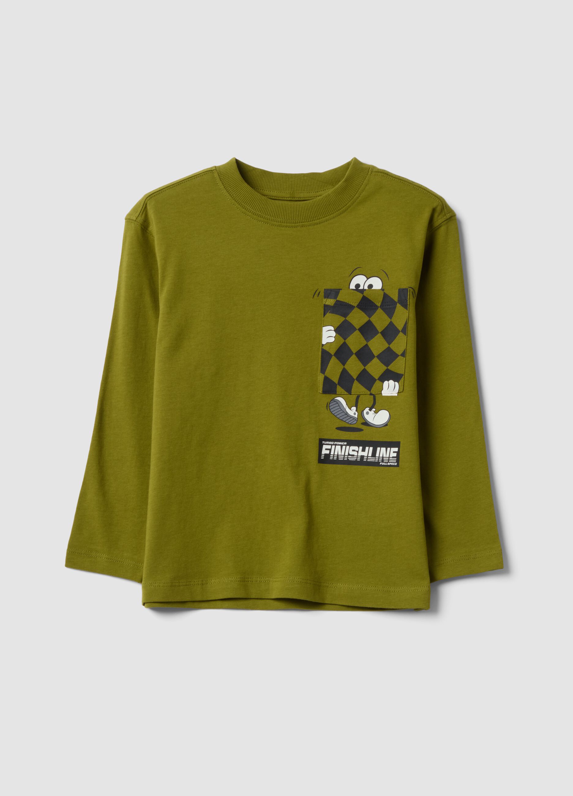 Green oversized pure cotton T-shirt with contrast print for boys
