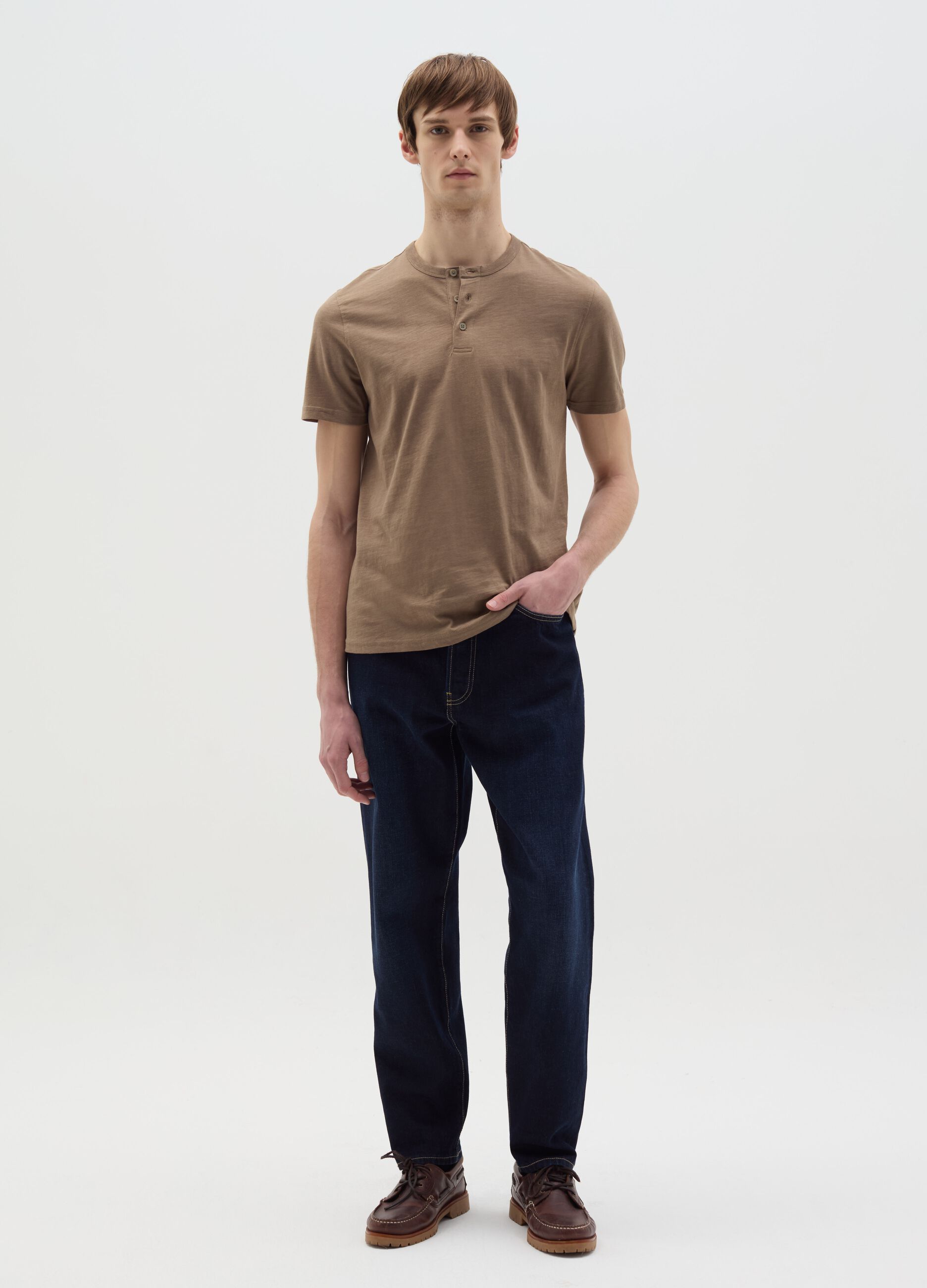Cotton T-shirt with granddad neckline