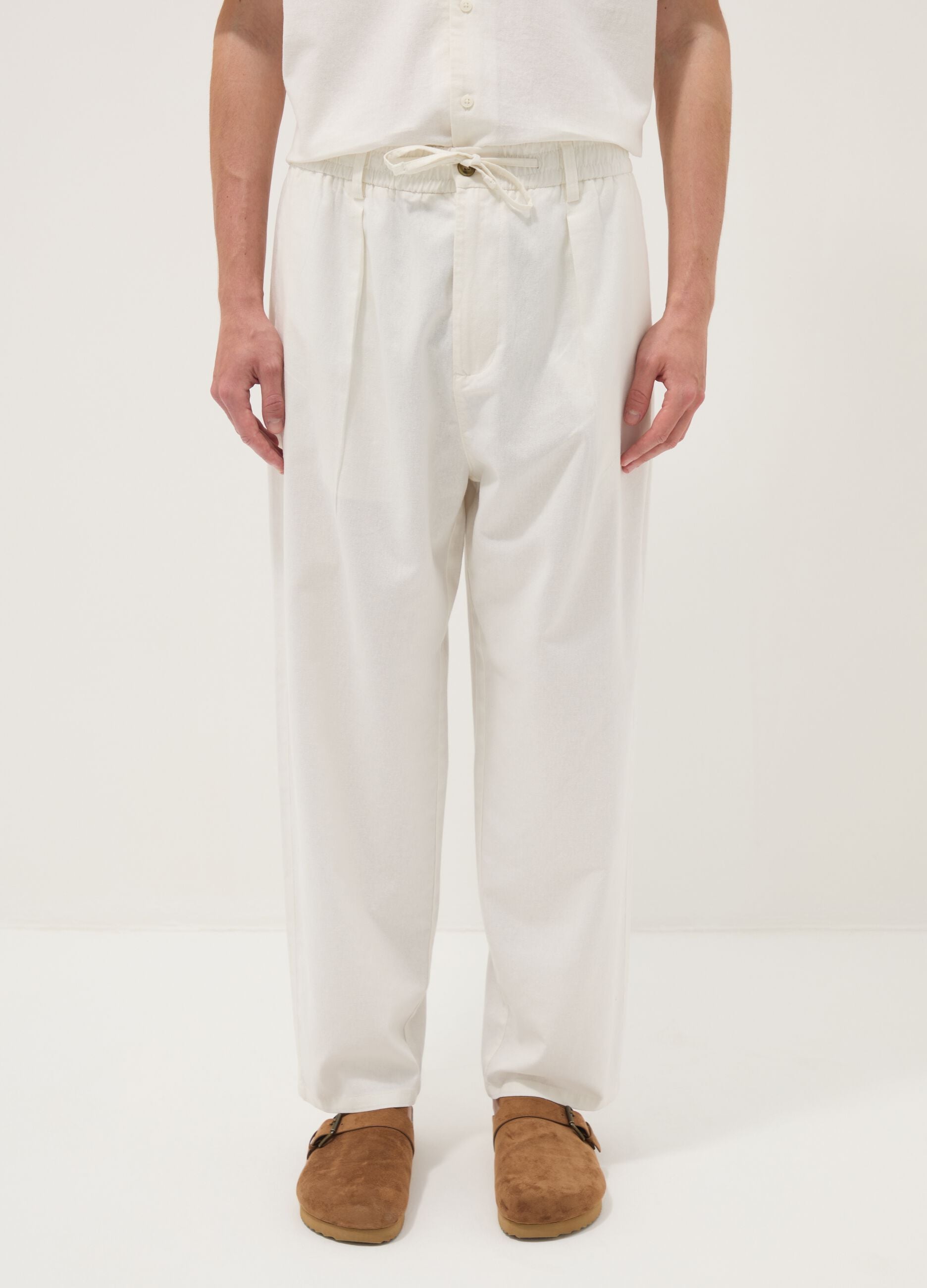 White linen-cotton blend trousers with elasticated waistband
