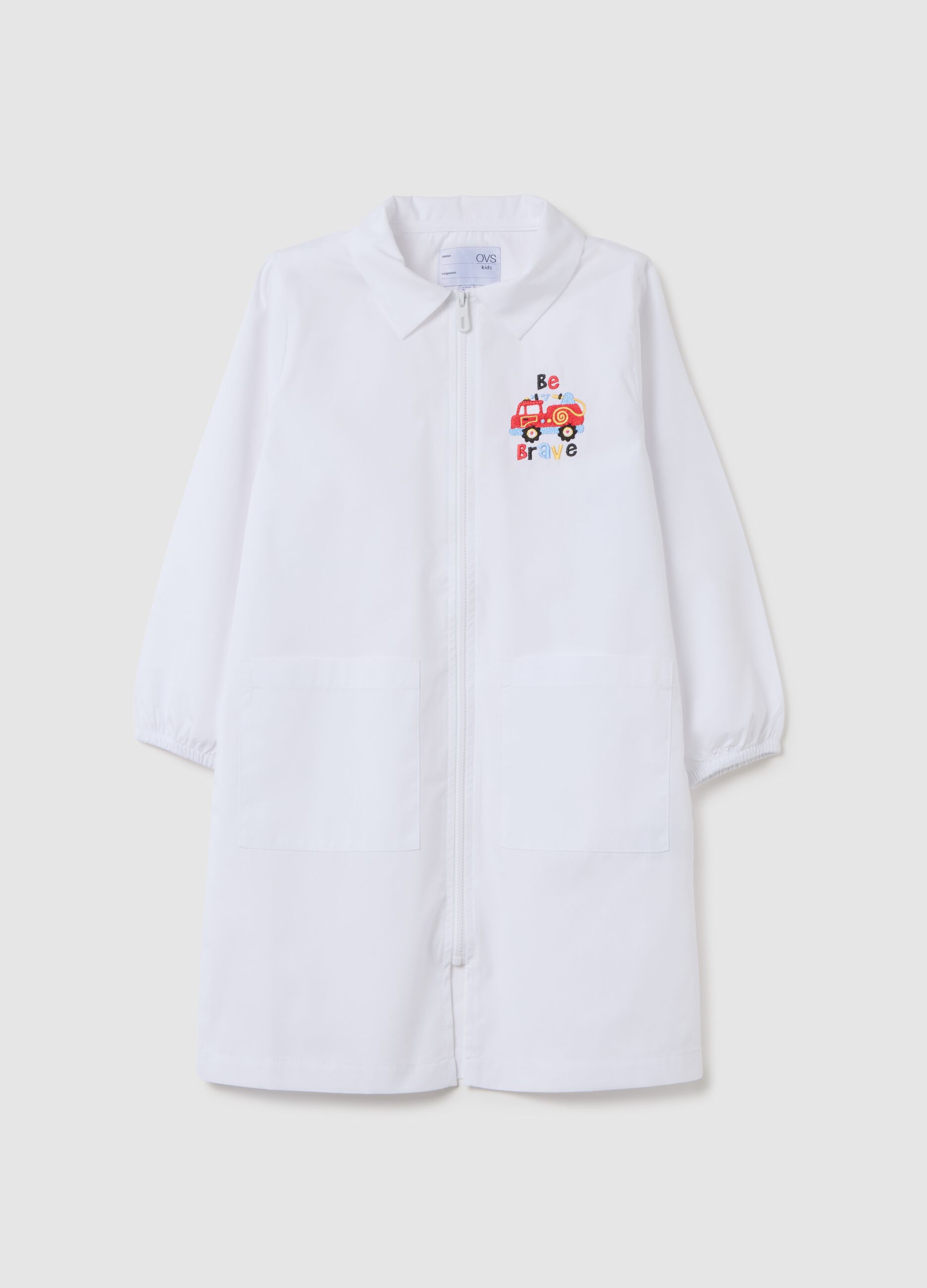 Children's school smock in white cotton blend with embroidery