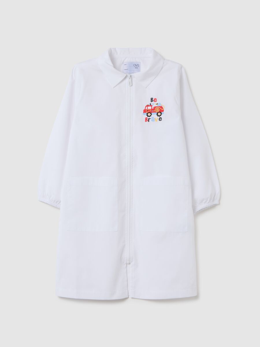Children's school smock in white cotton blend with embroidery_0