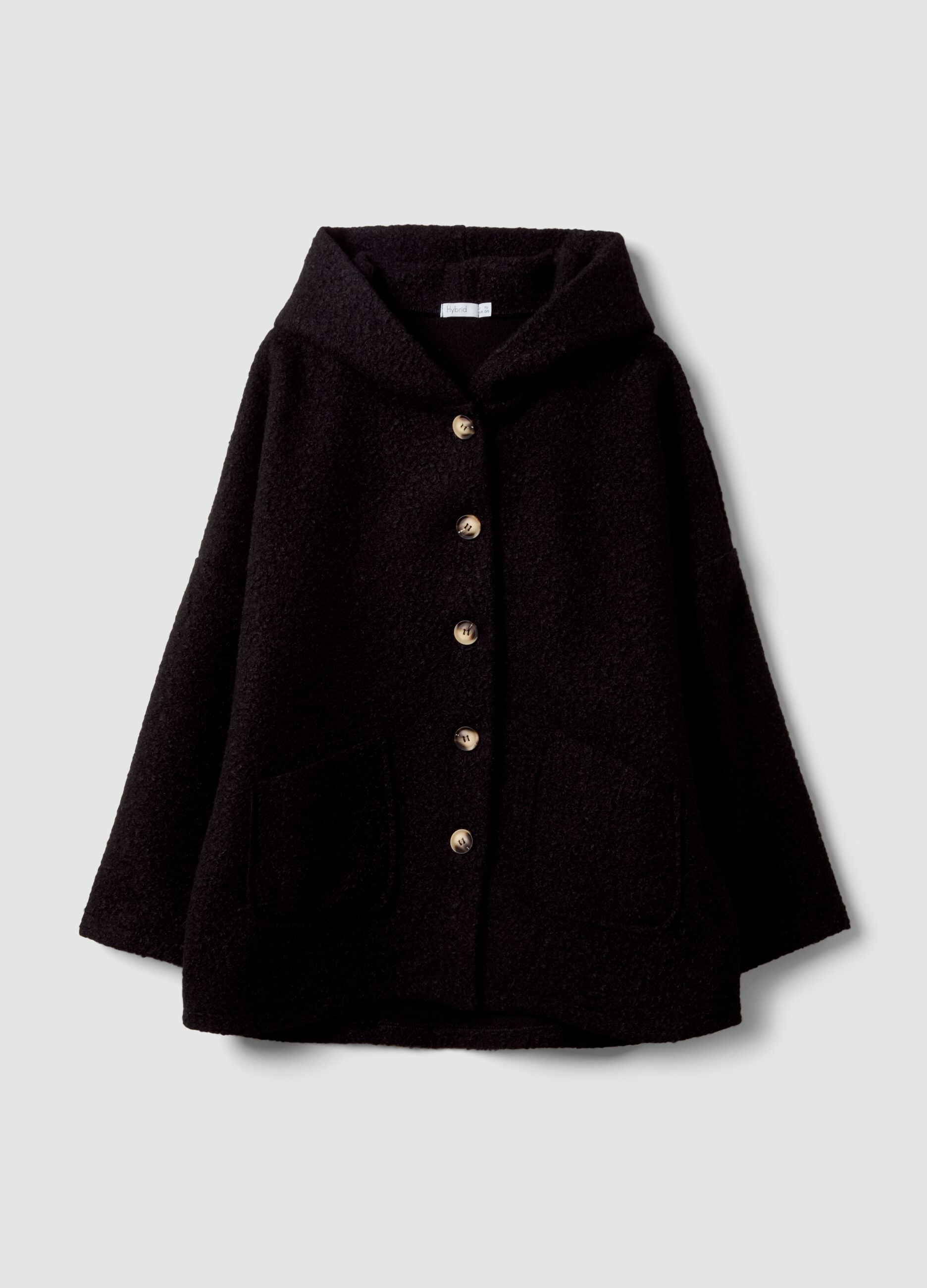 Black regular-fit coat with hood and buttons