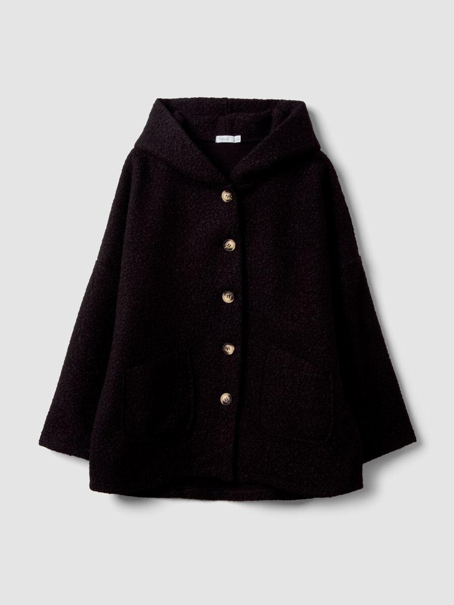 Cappotto nero regular fit con cappuccio e bottoni_0