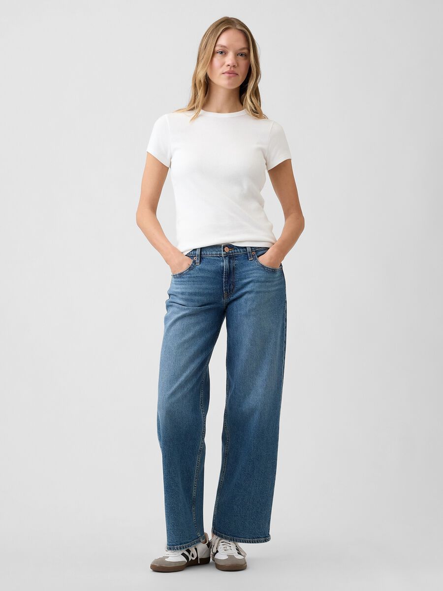 Jeans denim in cotone elasticizzato a gamba ampia_0