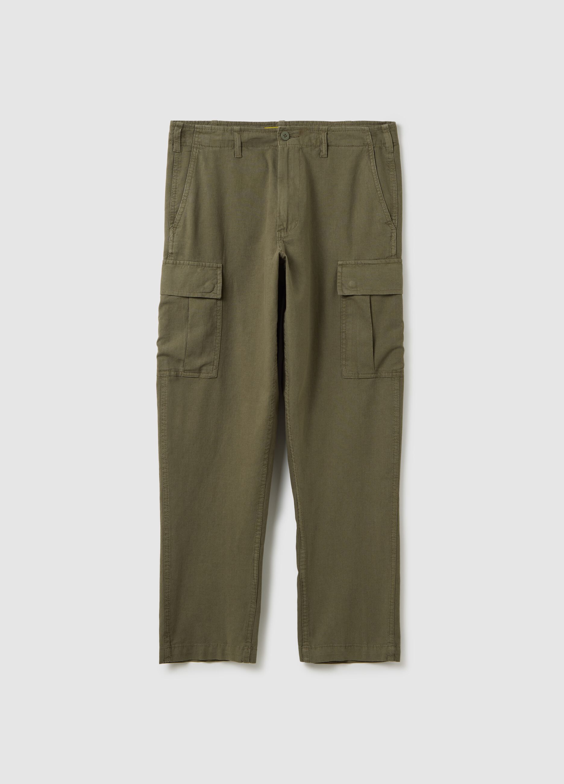 Pantaloni cargo da uomo in lino e cotone verdi regular fit con tasche multiple