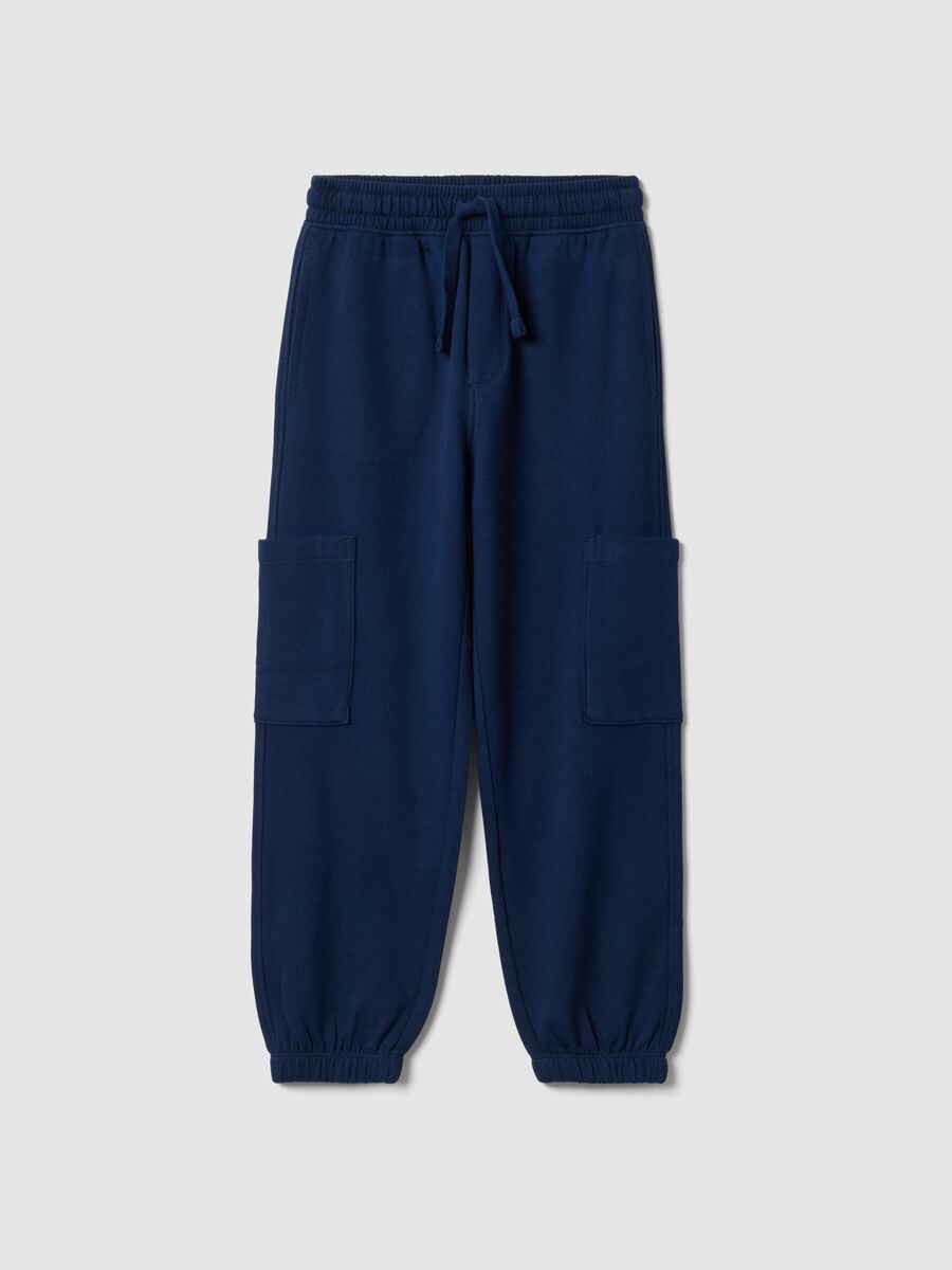 Pantaloni jogger blu in puro cotone organico con tasche cargo per bambino_0