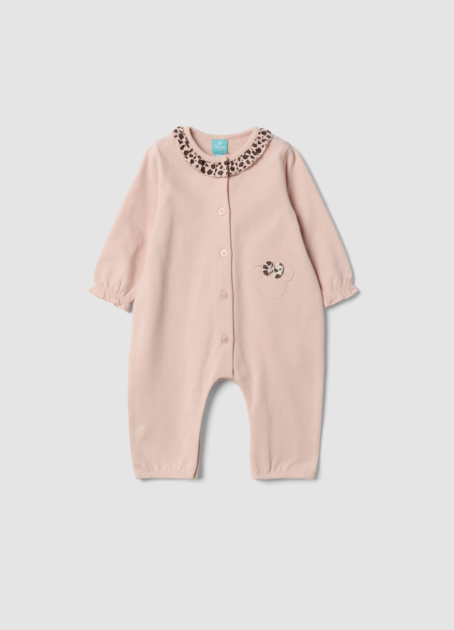 Tutina rosa in puro cotone organico con colletto volant e ricamo Minnie