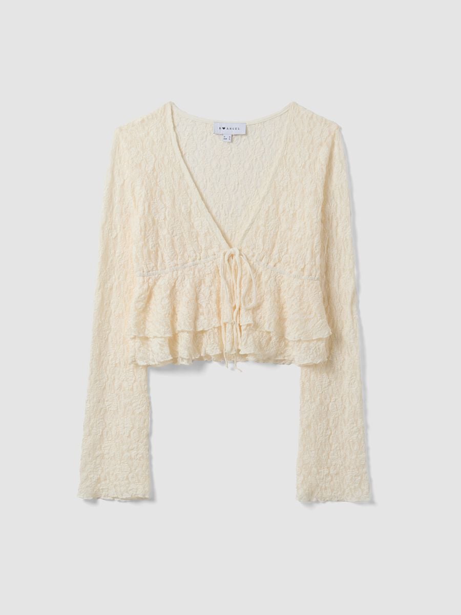 White stretch fabric top with deep V-neck and ruffle hem_4