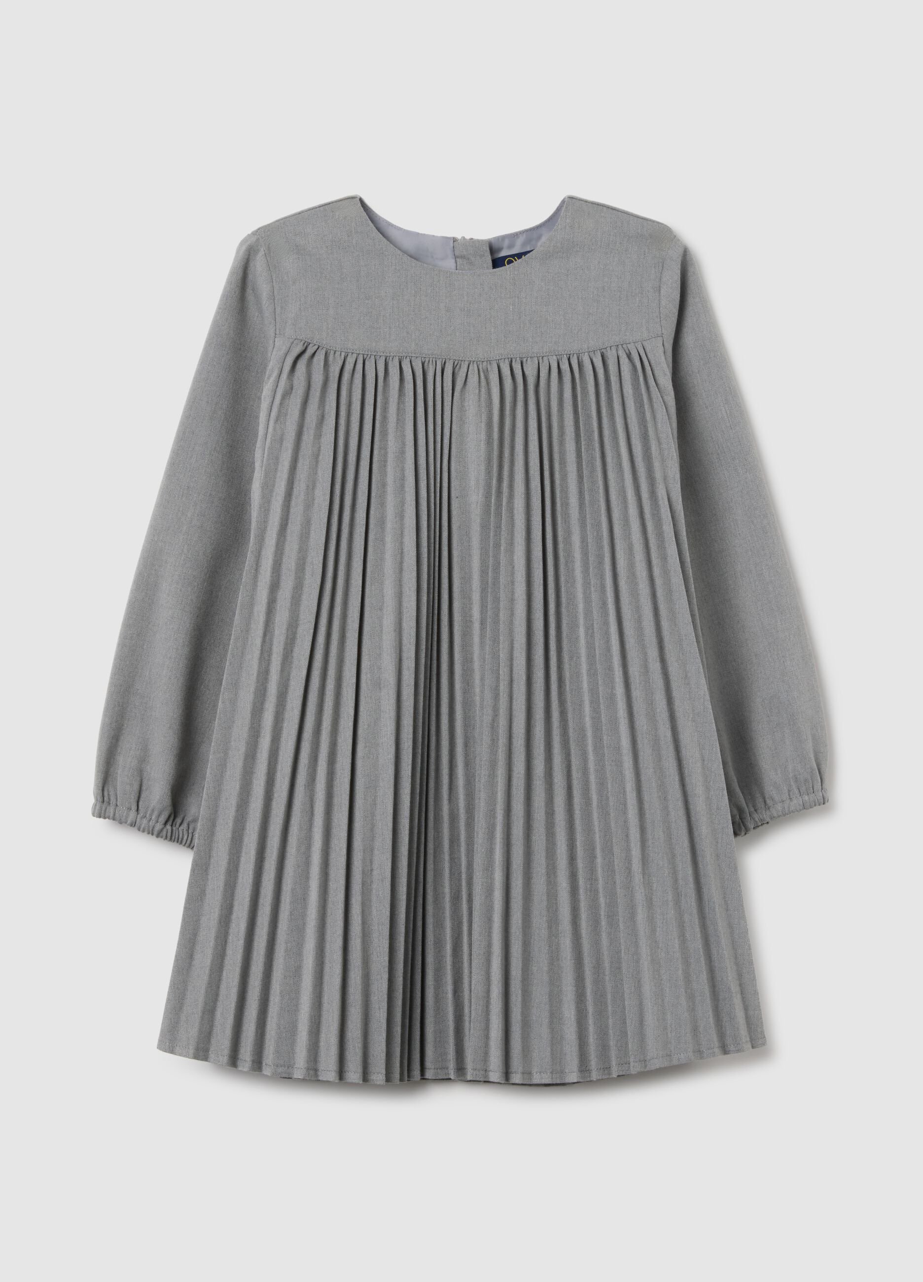 Grey Pleated Dress with Long Sleeves