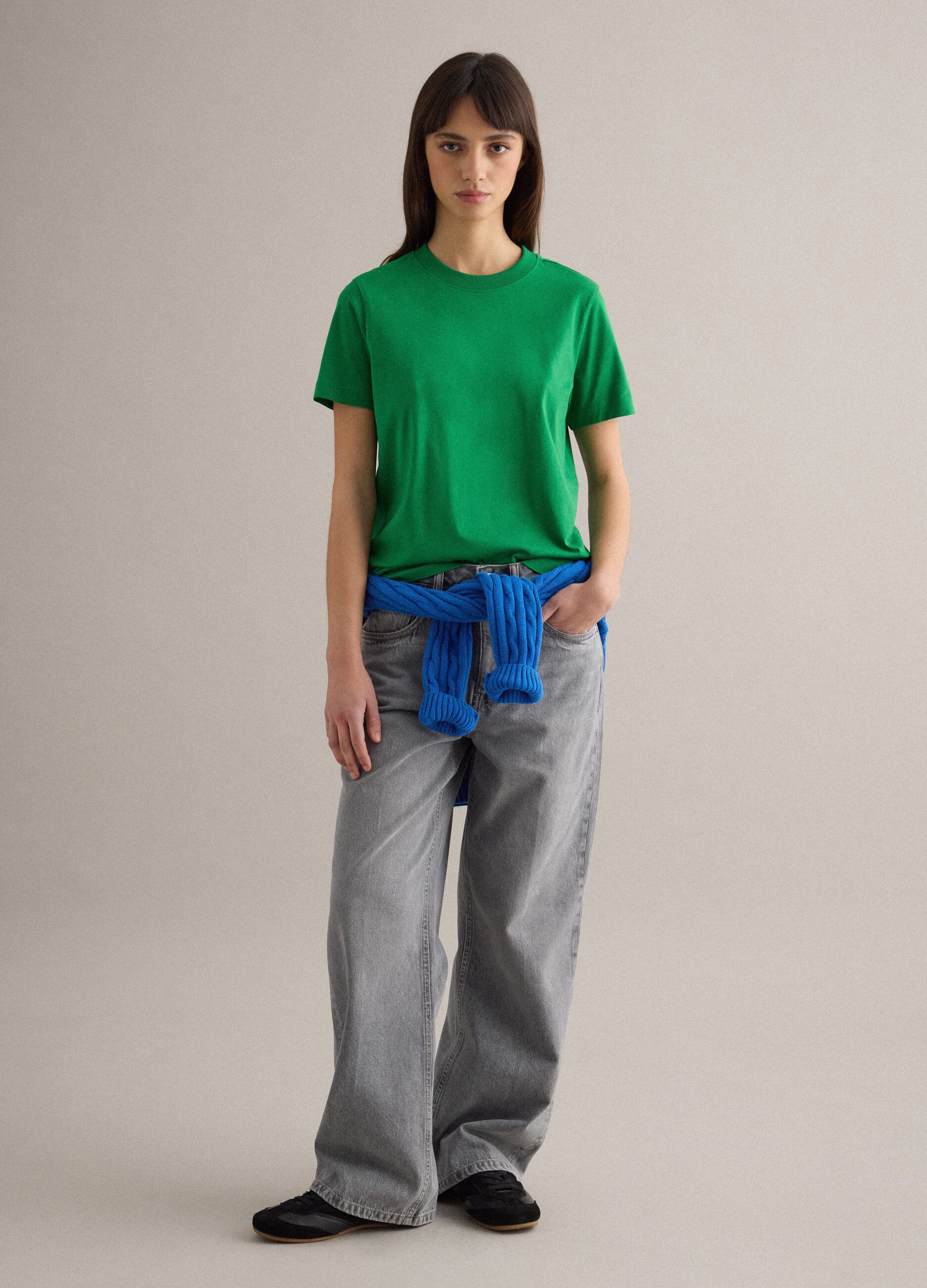 Regular Fit Green Crew Neck Cotton T-shirt