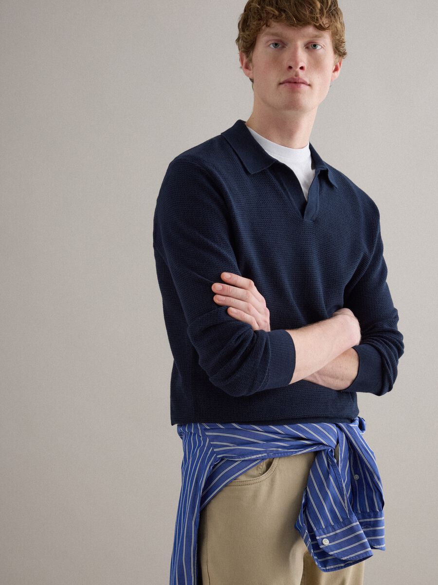 Regular fit blue pure cotton pullover with polo collar_0