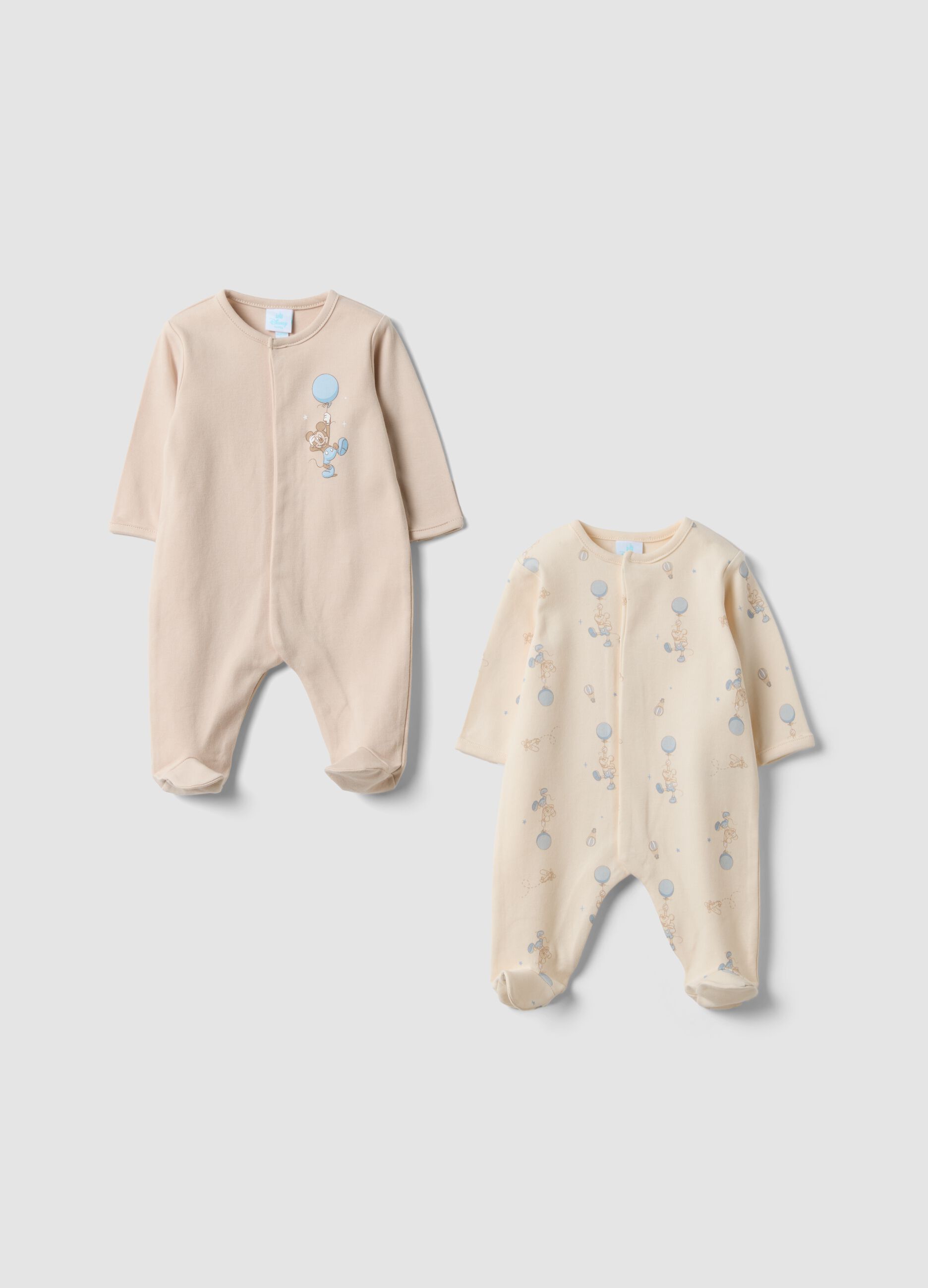 2-pack beige organic cotton sleepsuits with Mickey & Friends prints