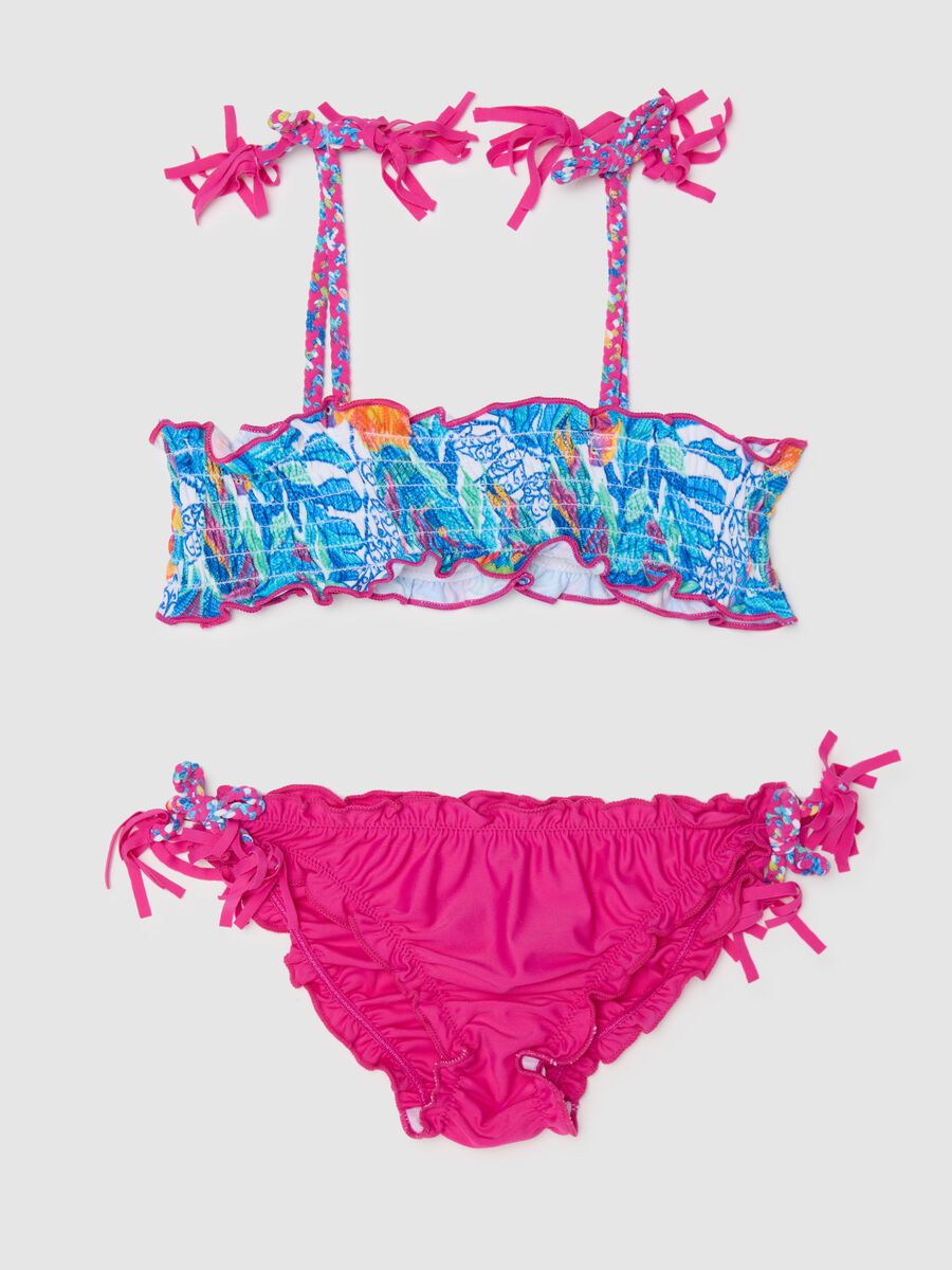 Girls' Multicolour Stretch Blend Bikini with Ruffles and Bows_0