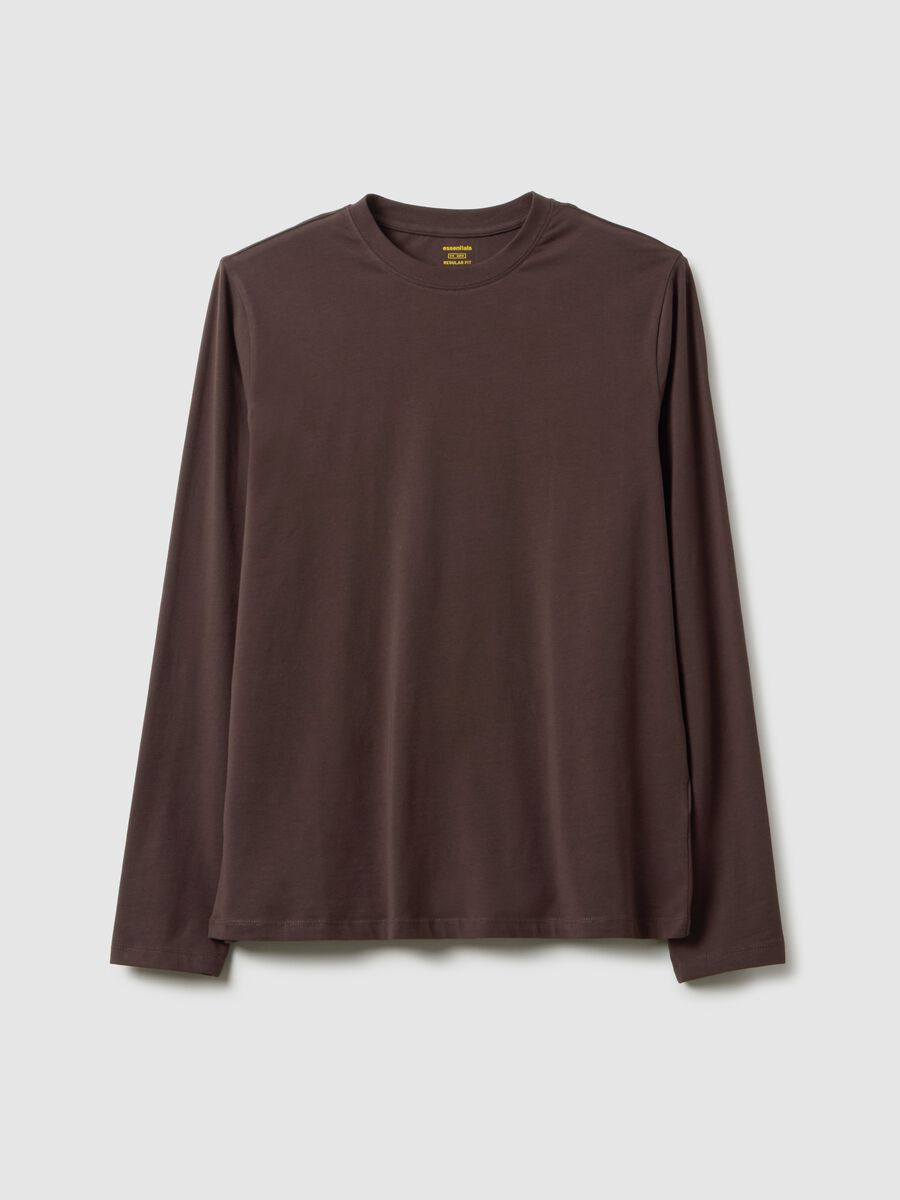 Regular fit stretchy cotton long sleeve brown t-shirt_4
