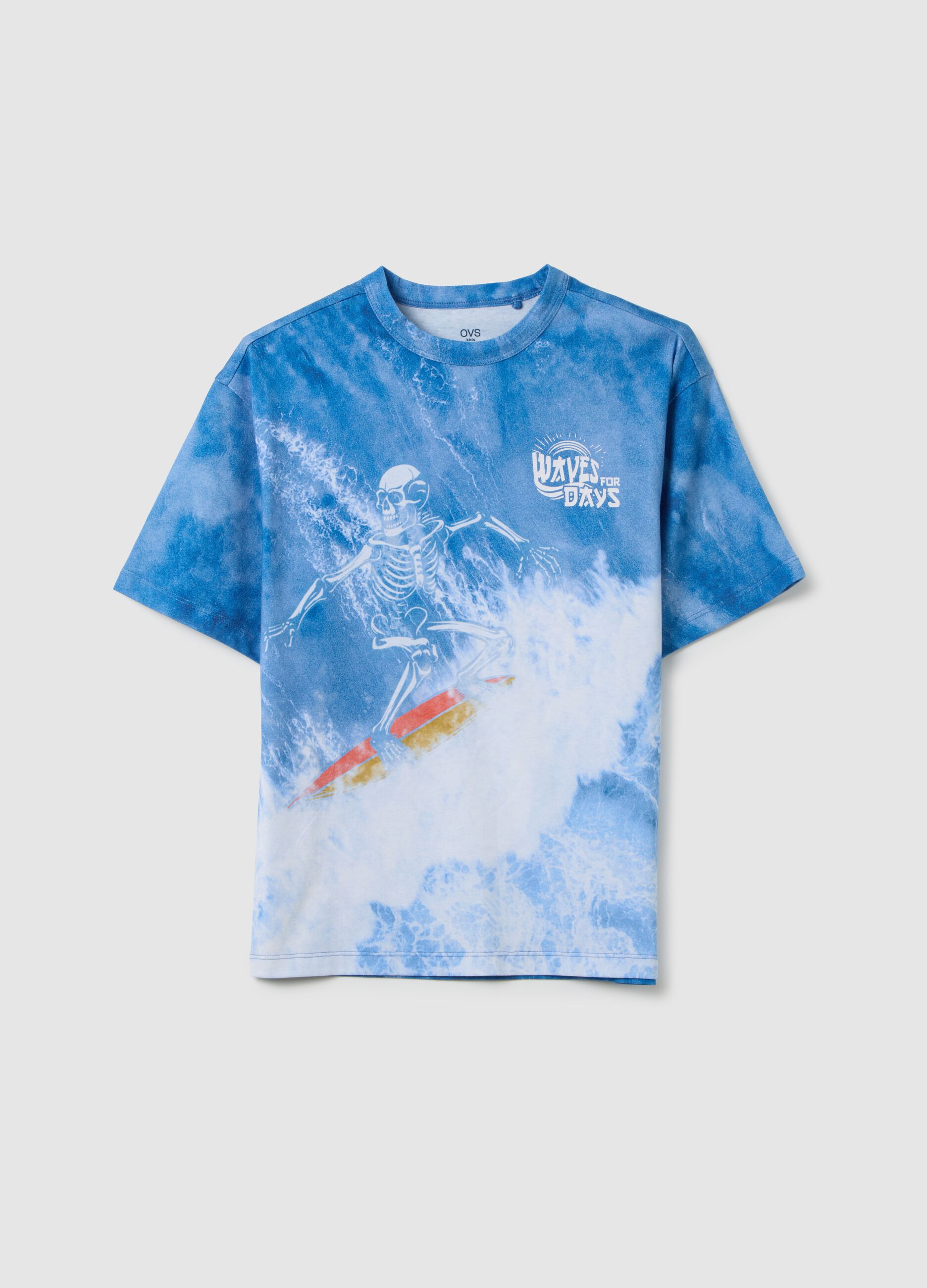 Regular fit boys' blue pure cotton T-shirt with skeleton print