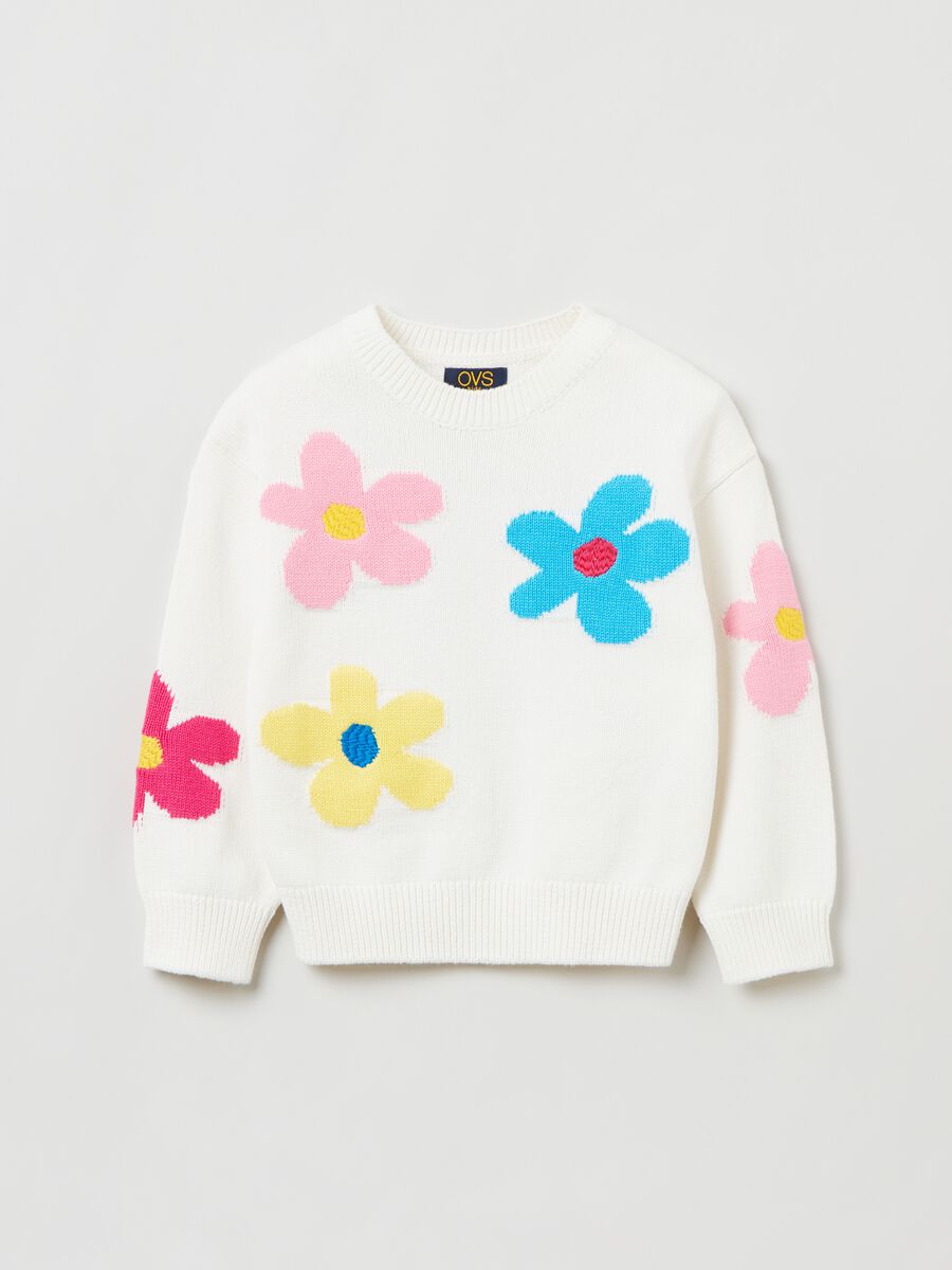 Round neck pullover with jacquard flowers_0
