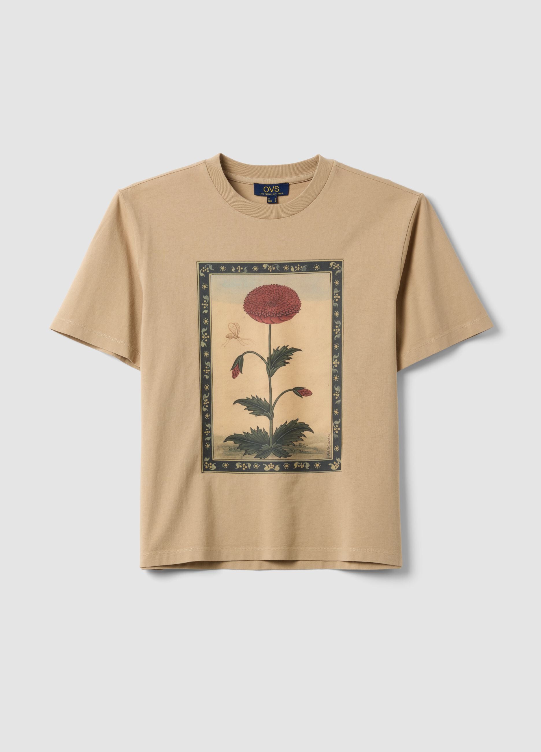 Beige pure cotton T-shirt with floral print