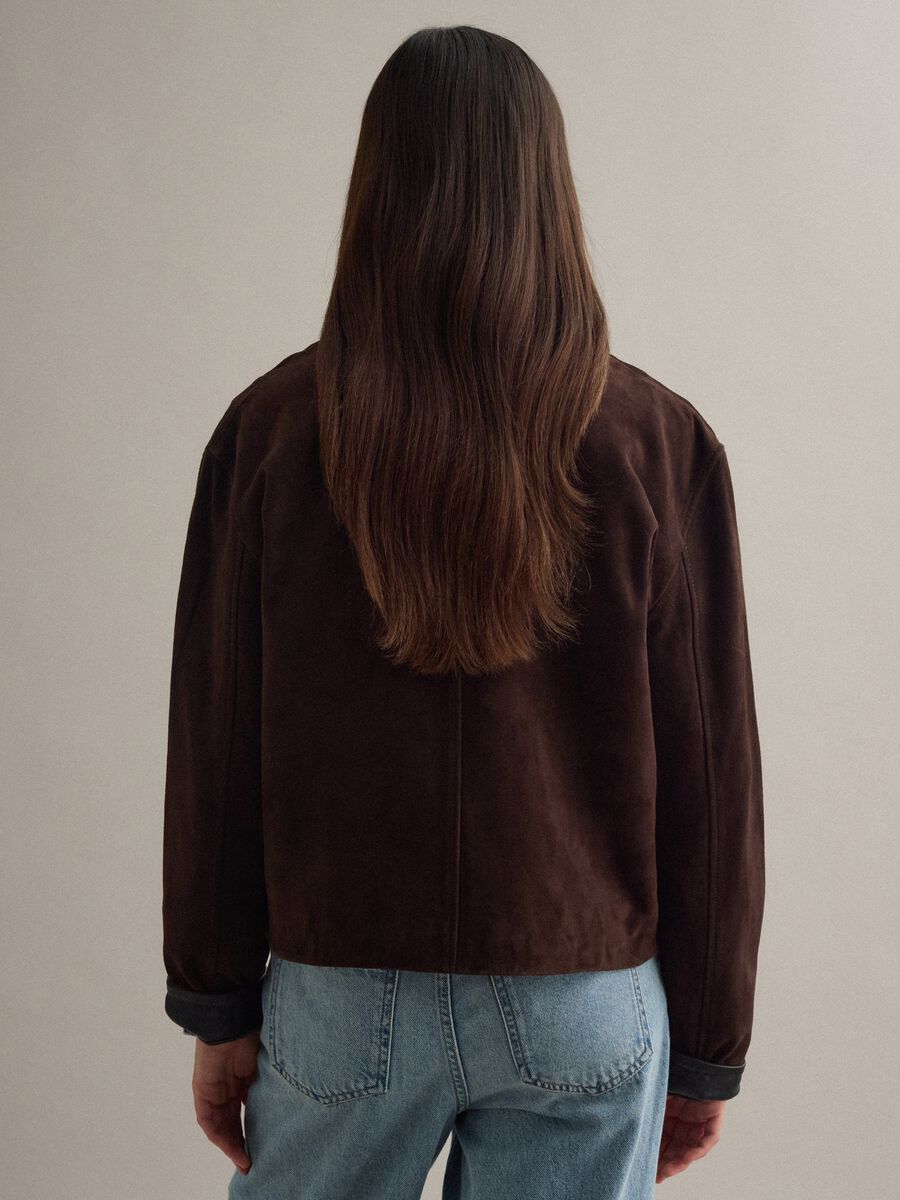 Brown regular fit genuine leather jacket with contrasting collar_2