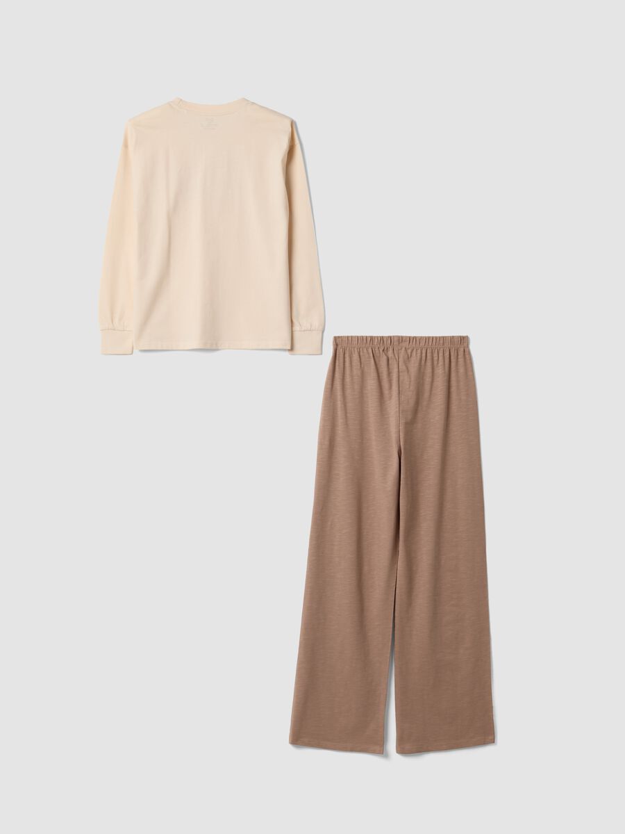 Pigiama beige in puro cotone organico con girocollo e stampa orsetti_1