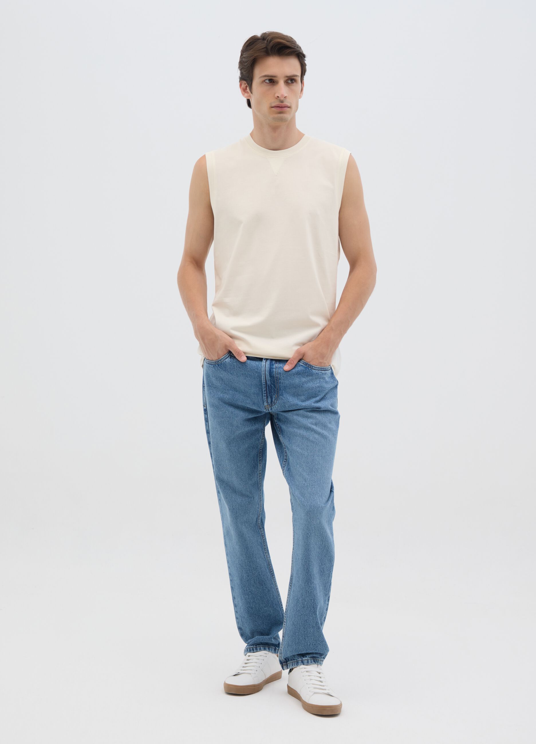 Canotta oversize da uomo in puro cotone beige regular fit