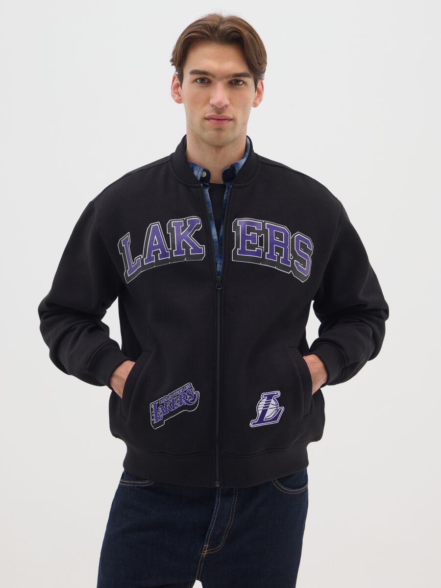 Black cotton-blend bomber jacket with Los Angeles Lakers prints_0